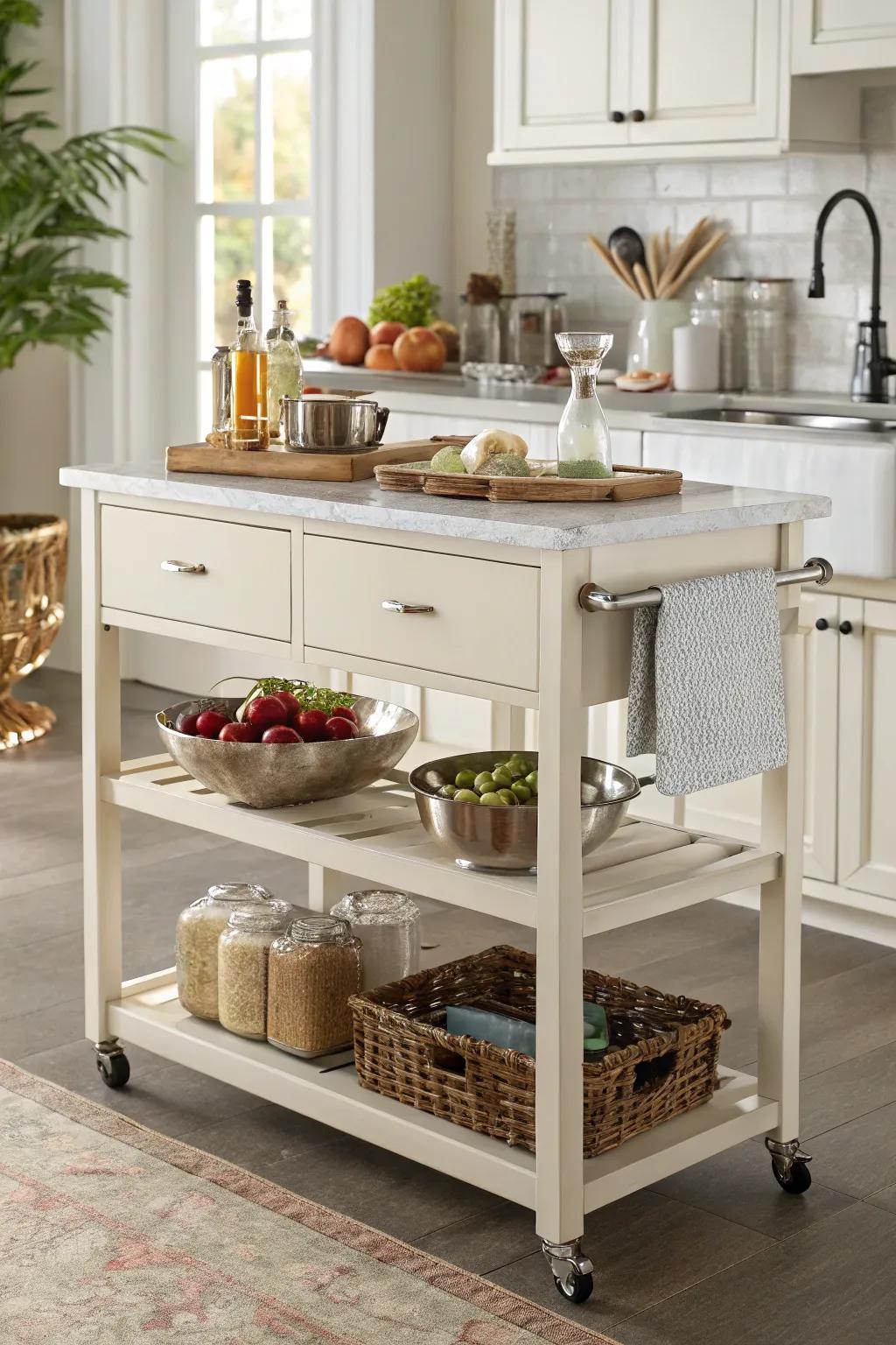 A kitchen cart adds functionality and charm to a rental kitchen.