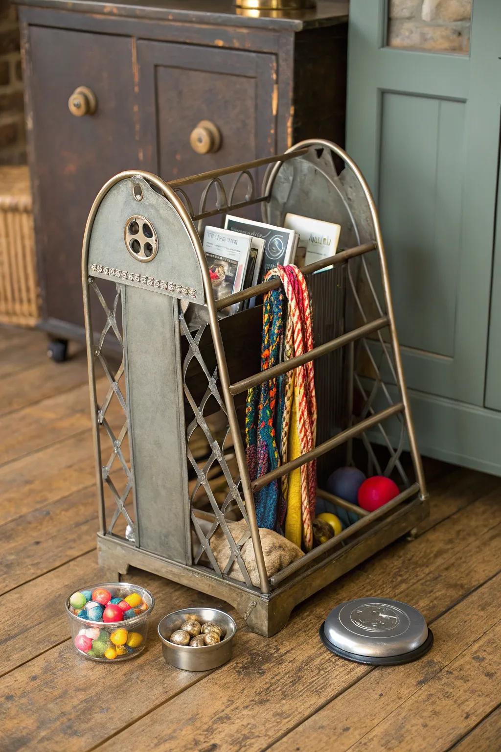 Transform your space with a touch of creativity: a metal CD rack turned into a chic pet supply holder.