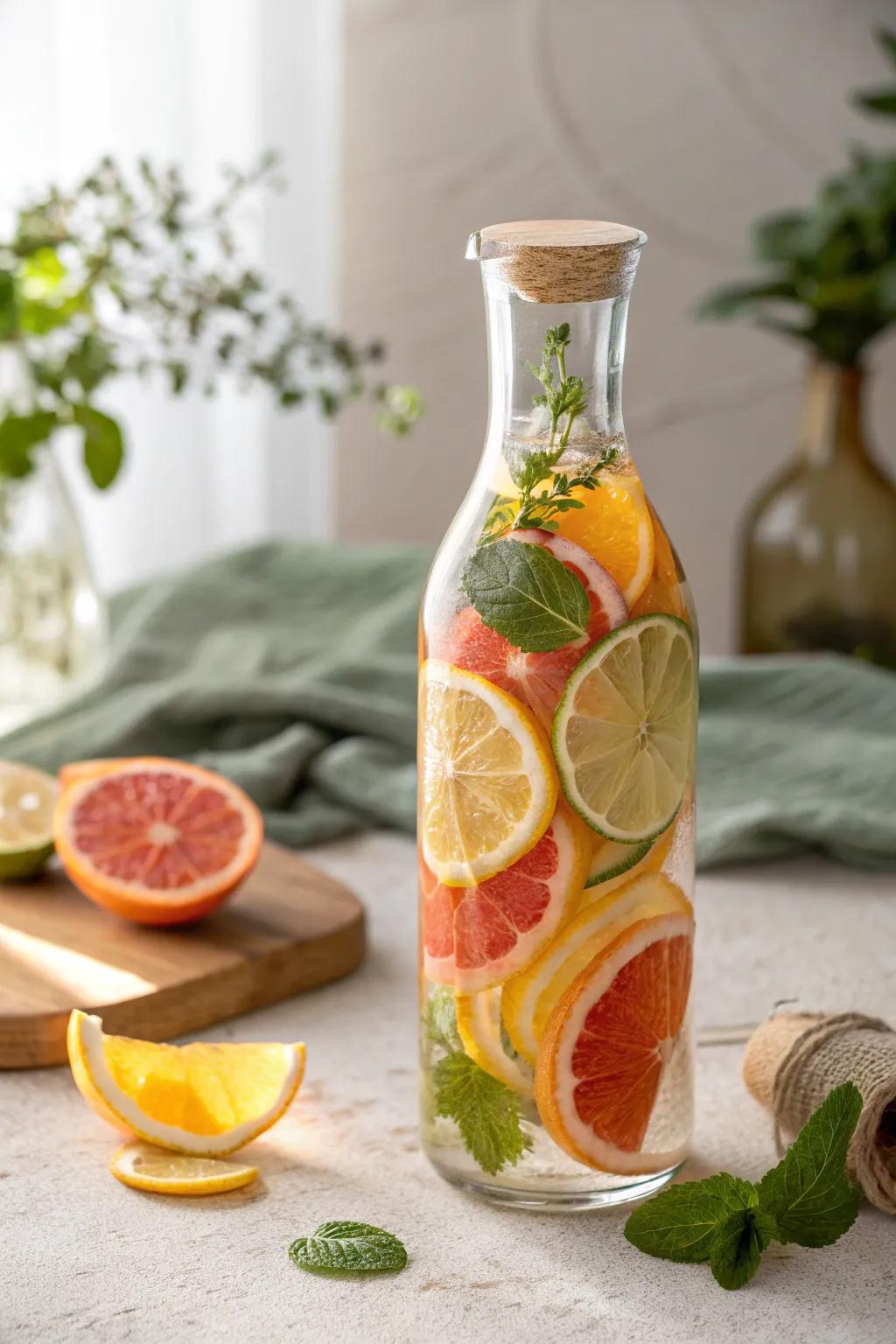 Transform your table with a touch of natural elegance using a repurposed wine bottle water infuser. 🍋✨