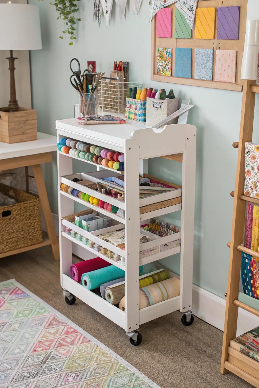 A versatile craft cart made from a wine rack on wheels.