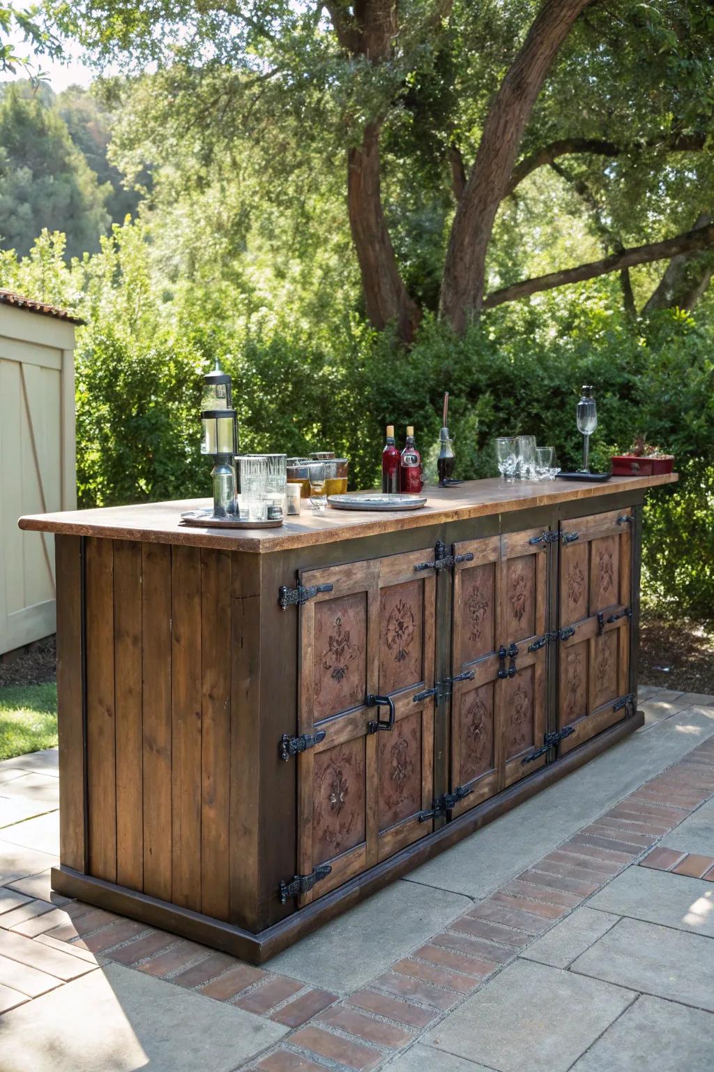 Transform your backyard with this stunning DIY outdoor bar made from repurposed bifold doors. A perfect blend of rustic elegance and craftsmanship!