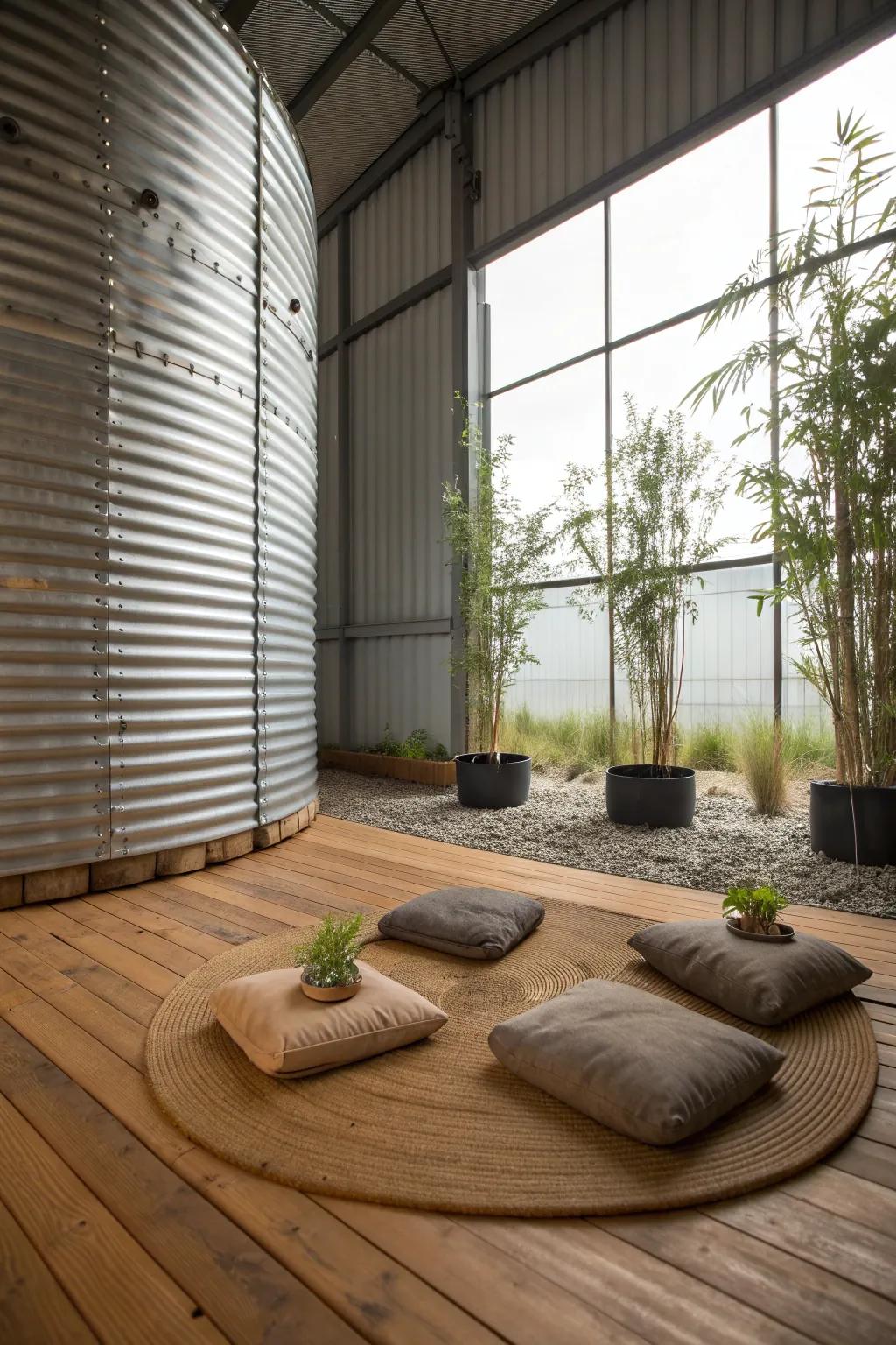 Find tranquility in a repurposed grain bin turned Zen oasis. #Craftsmanship #MeditationSpace