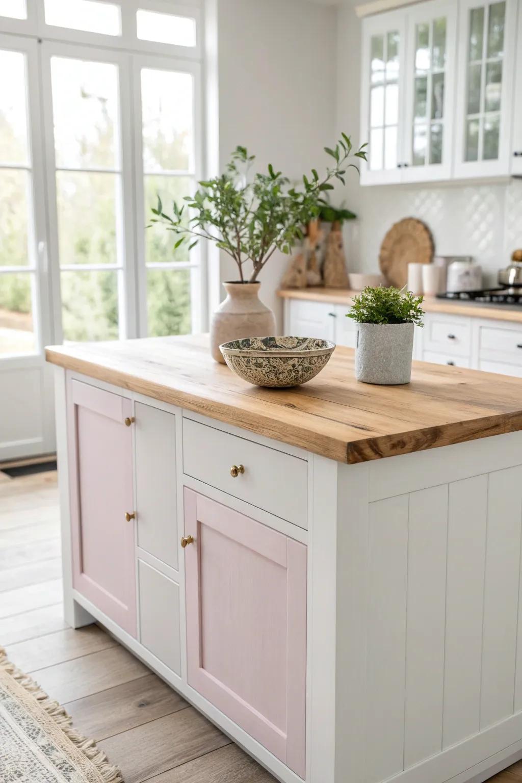 Transform your space: A repurposed kitchen island that blends Scandinavian minimalism with Boho elegance.