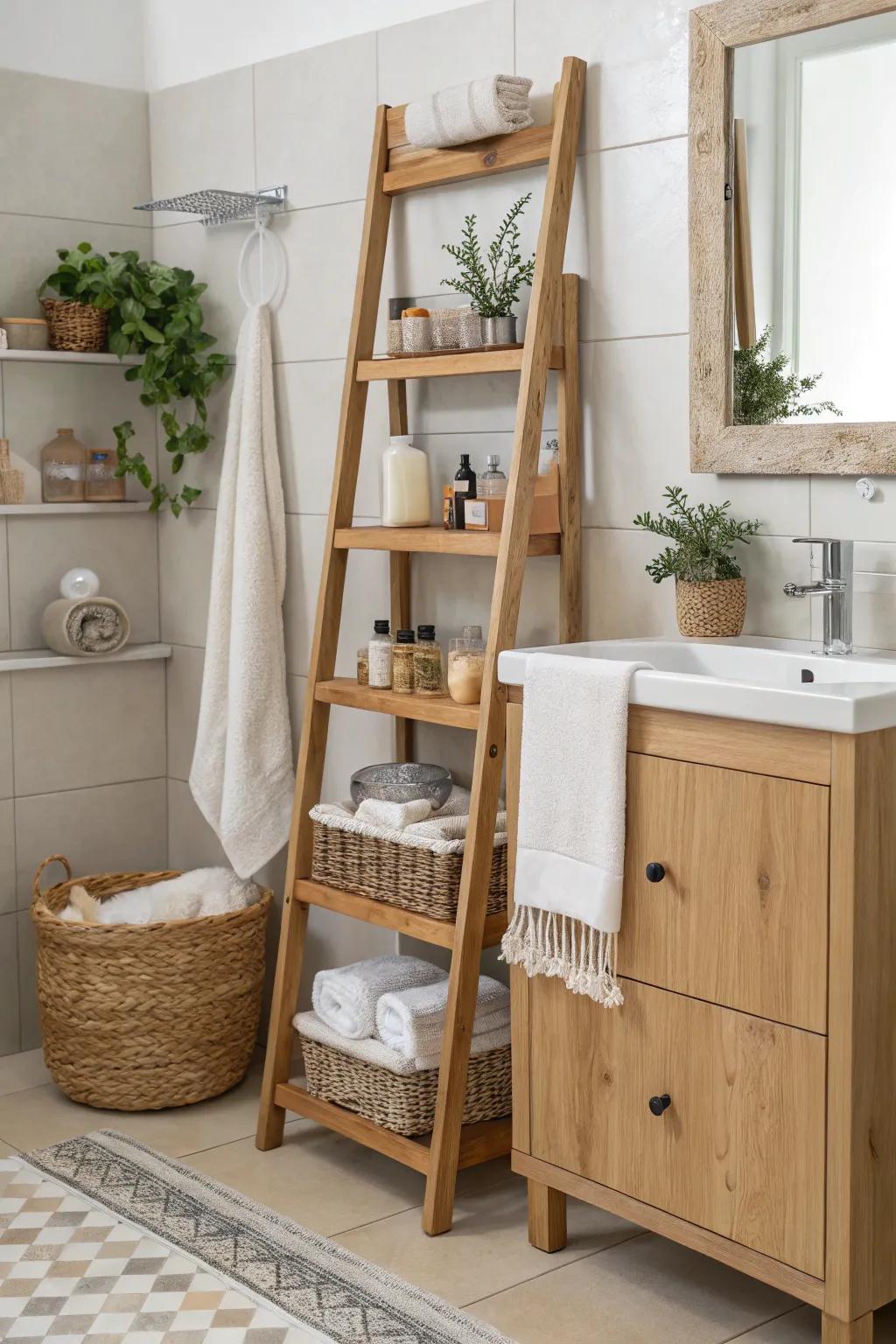 Ladder shelves provide stylish, flexible storage solutions.