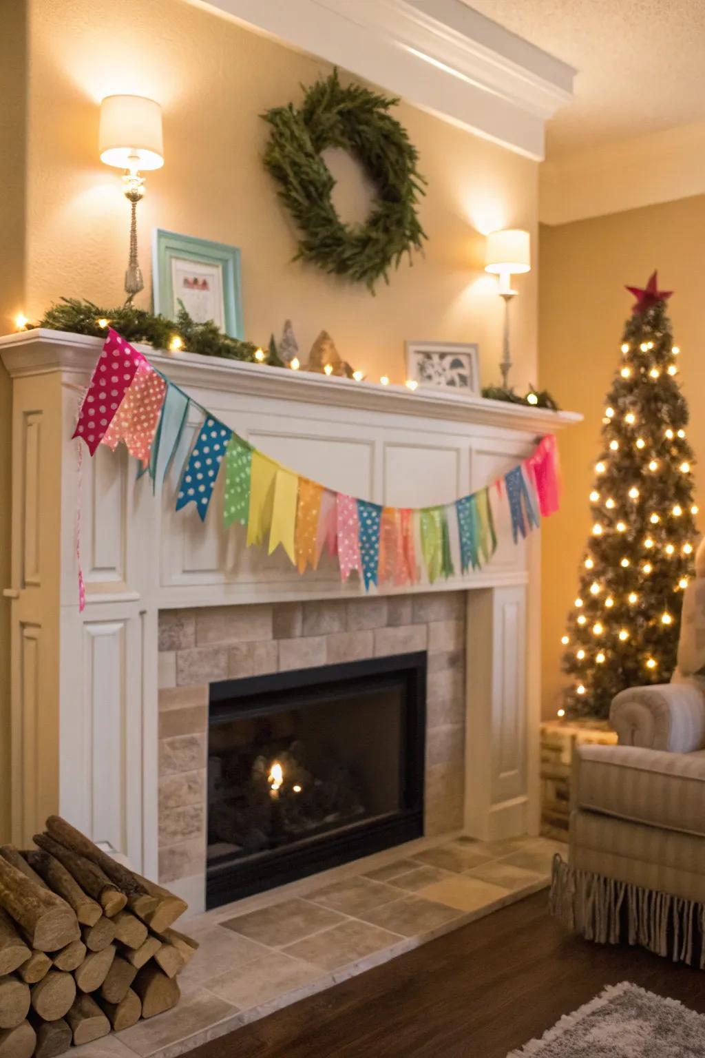 Add a playful touch with a colorful ribbon garland on your mantel.