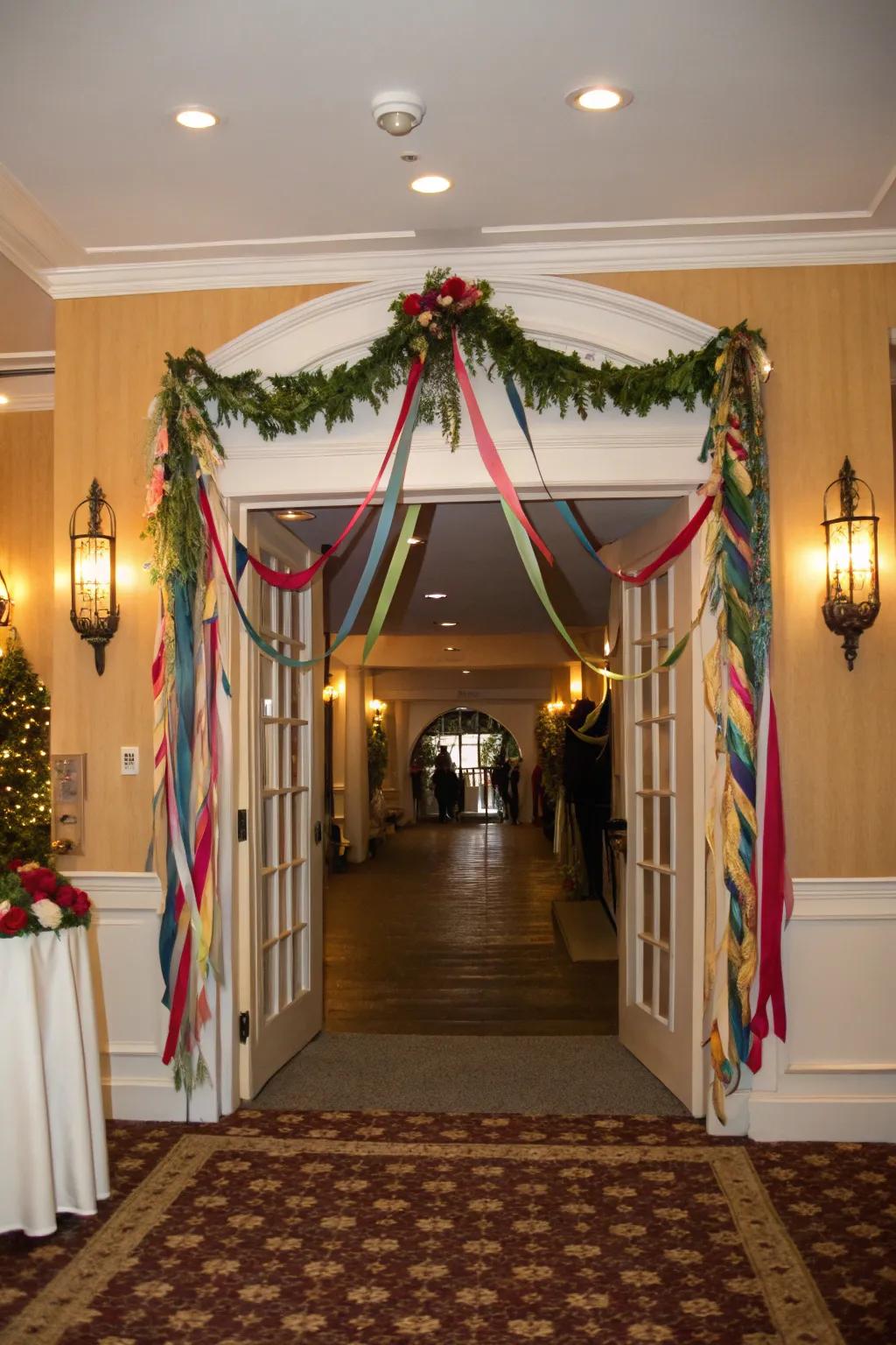 Festive welcome with a ribbon wall garland.