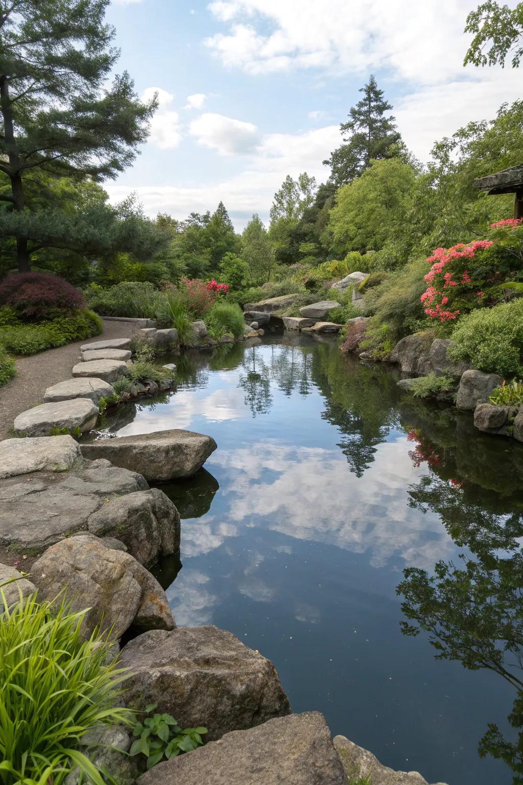 A pond adds a tranquil element to a rock garden.