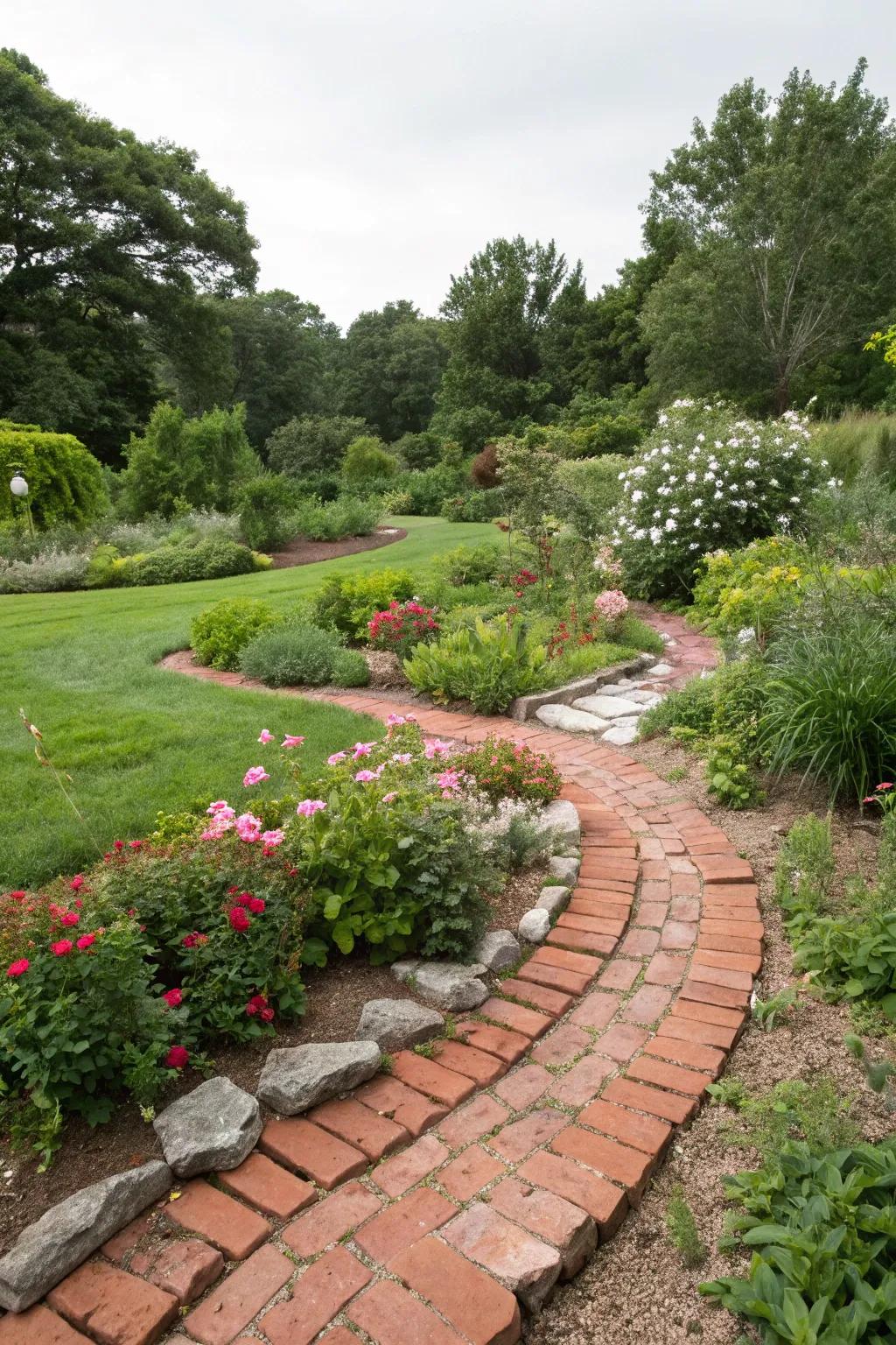 Brick chips introduce warmth and color to this vibrant garden landscape.