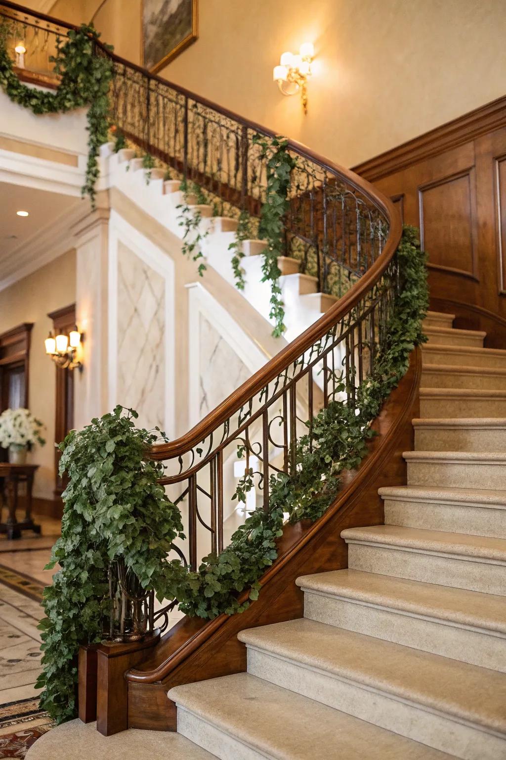 Staircase elegantly adorned with faux vines.