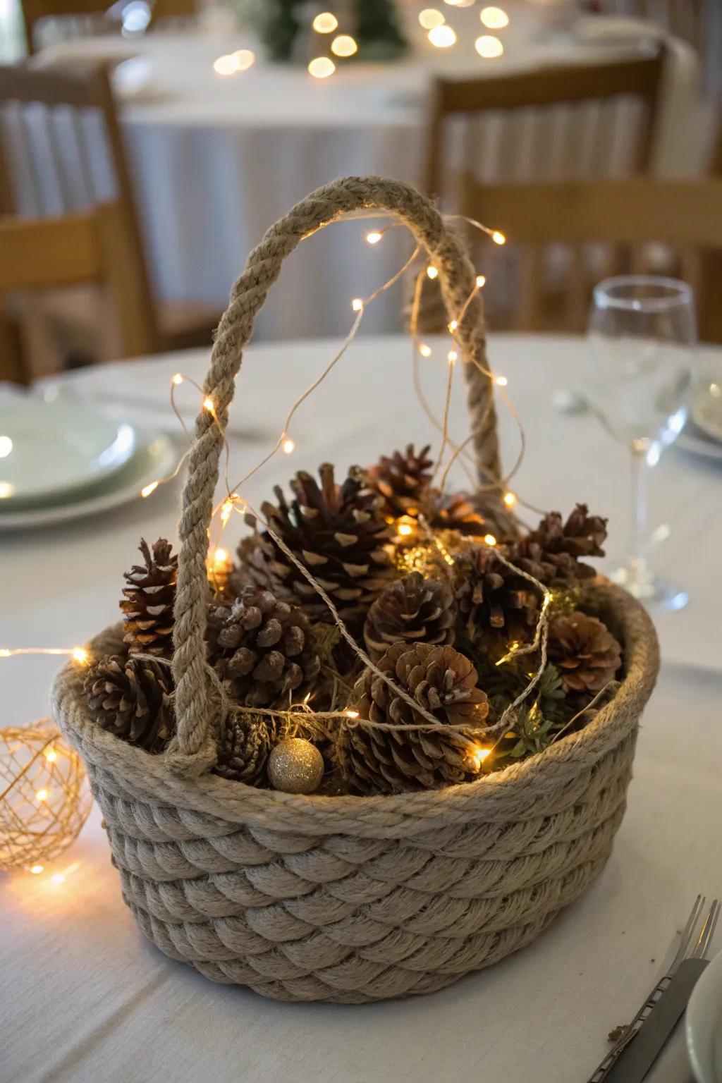 A rope basket can transform into a seasonal centerpiece.