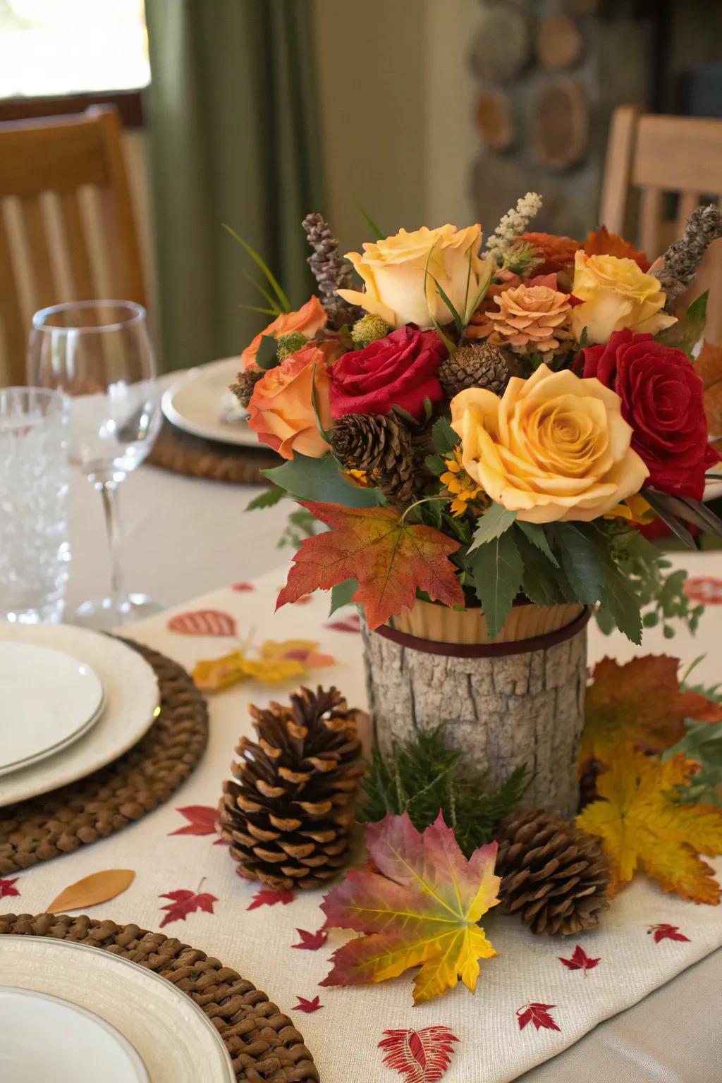 Seasonal elements add a festive touch to rose arrangements.