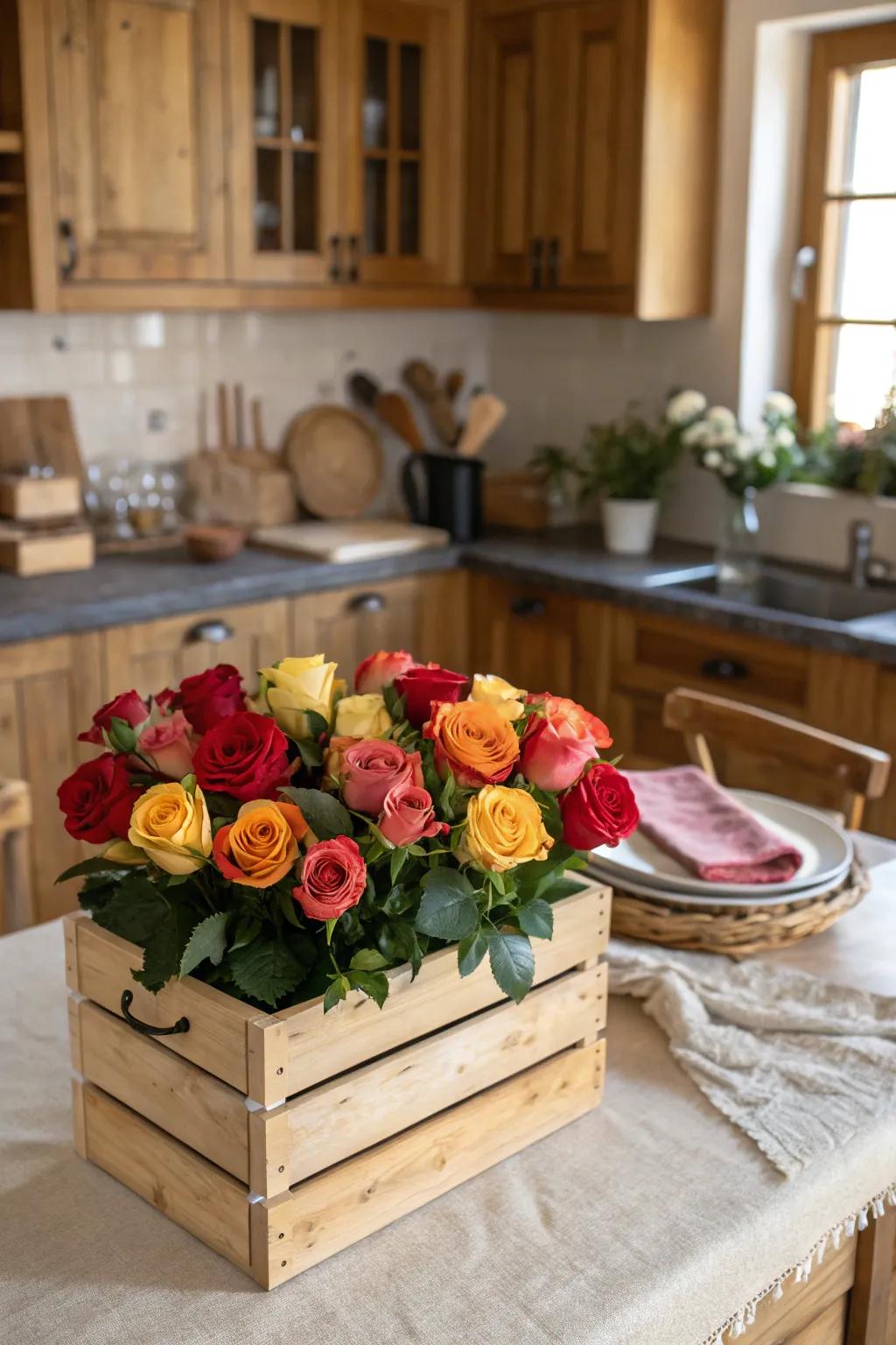 Roses in a wooden crate offer a rustic, farmhouse charm.