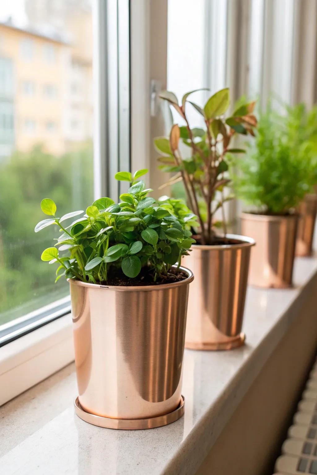 Planter pots with a metallic touch enhance greenery.