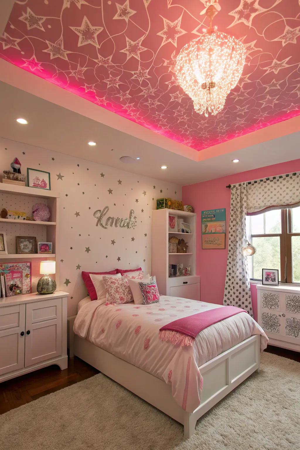 A pink ceiling adds height and drama.