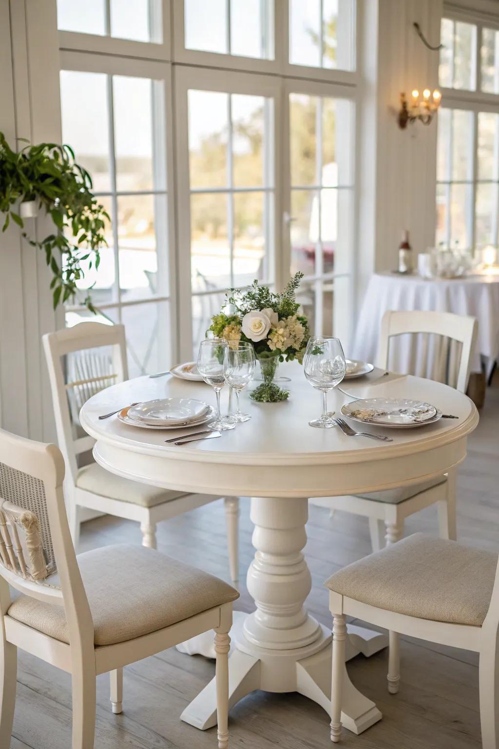 A classic white round table top creates a clean and versatile space.