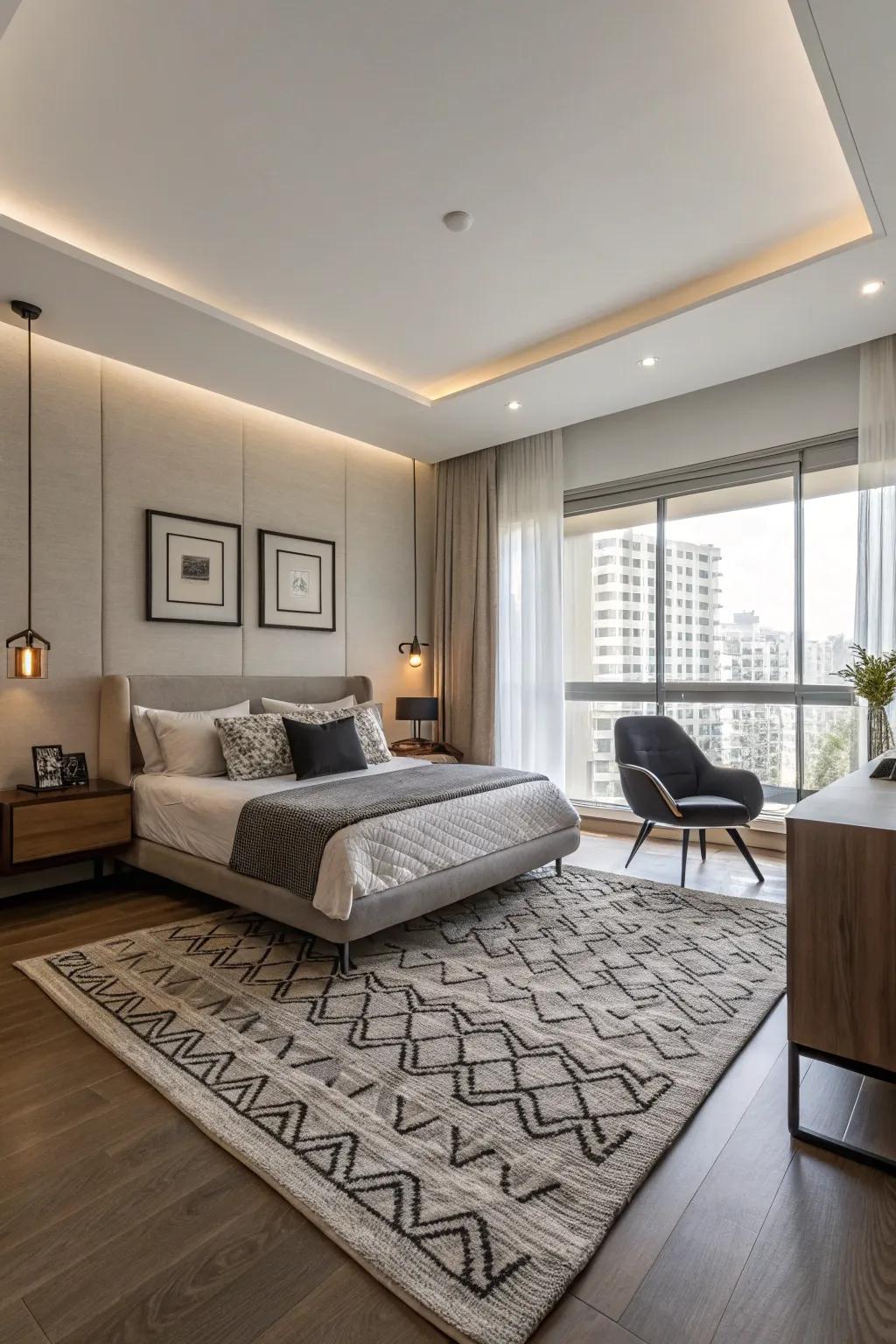 A monochromatic rug creates a cohesive and modern look in a minimalist bedroom.