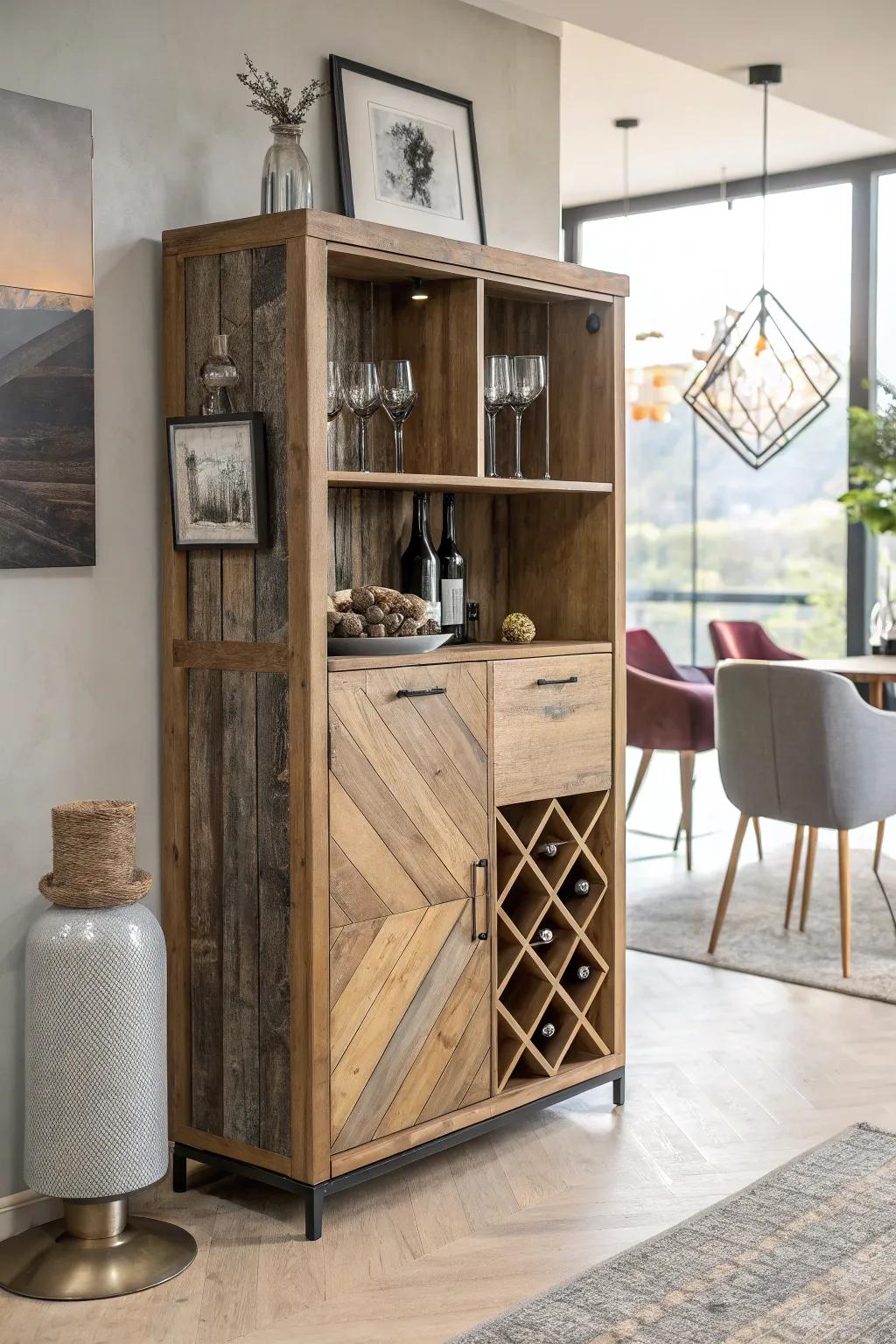 A multi-wood bar cabinet, showcasing rich textures and depth.