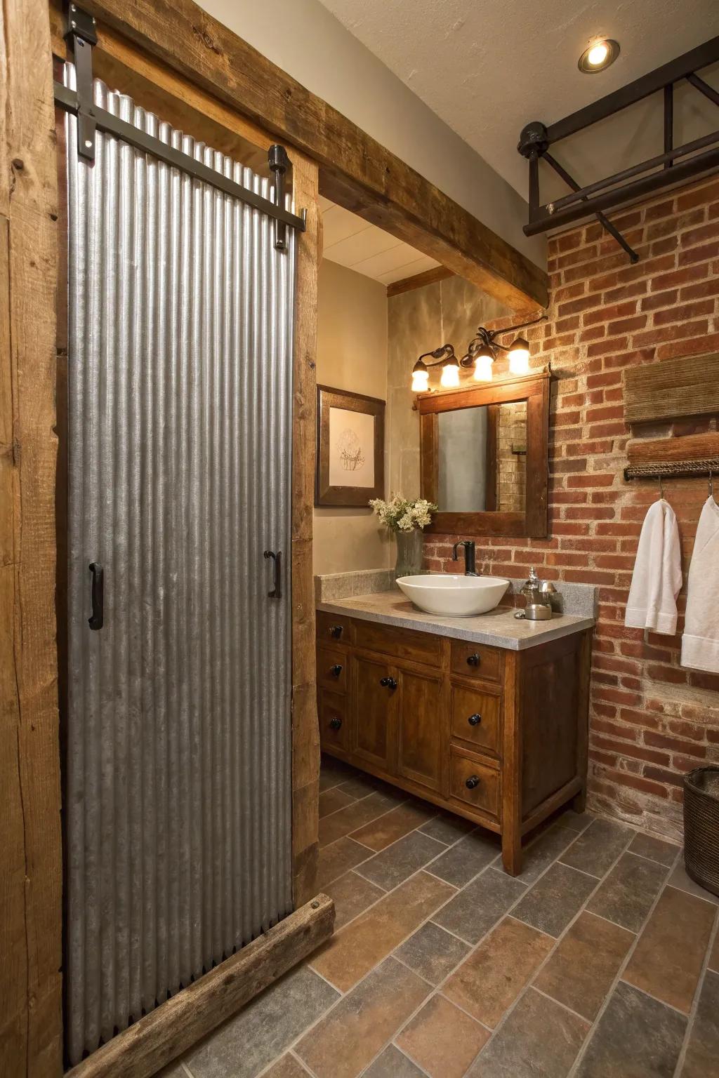 A corrugated metal sliding door enhances the rustic ambiance of this bathroom.