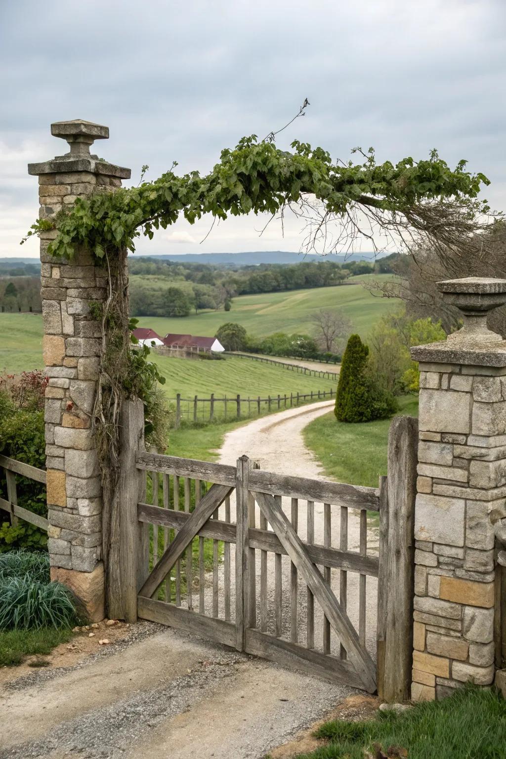 Stone pillars provide support and elegance to wooden gates.