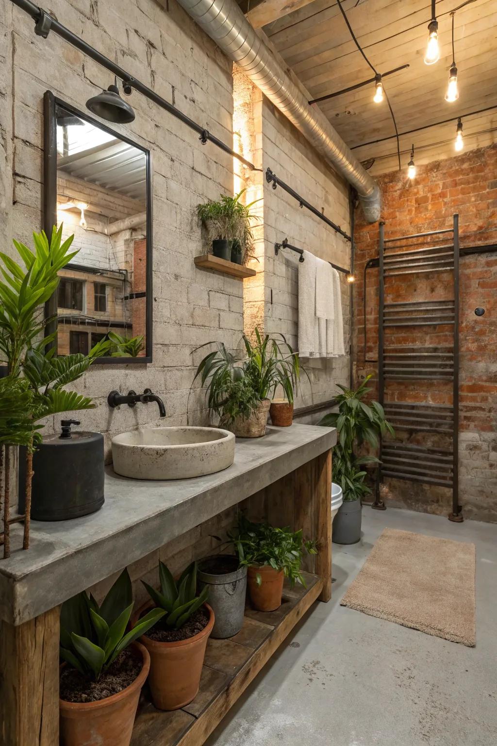 Greenery brings life and vibrancy to industrial bathroom designs.