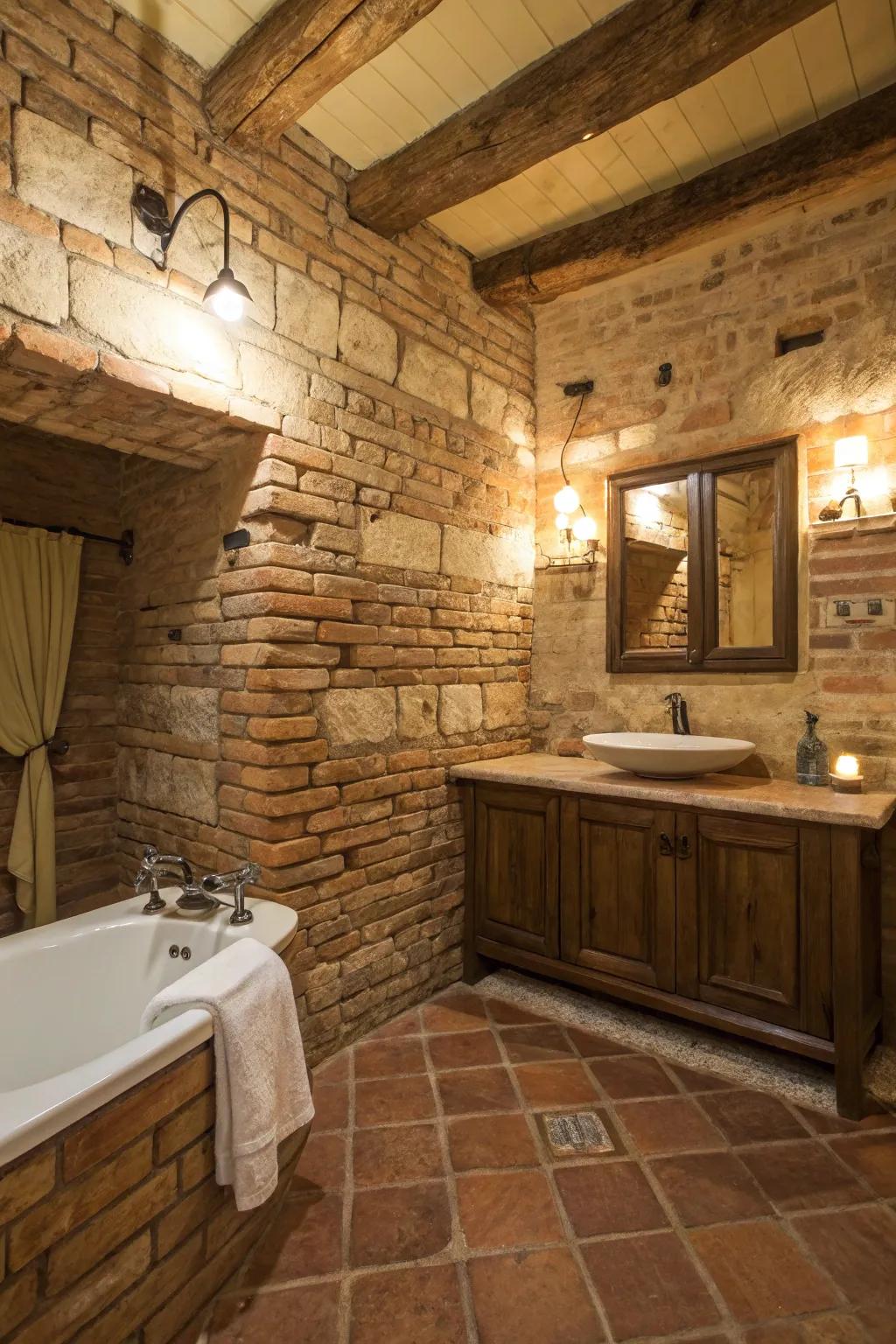 Combining travertine with brick creates a textured and warm environment.