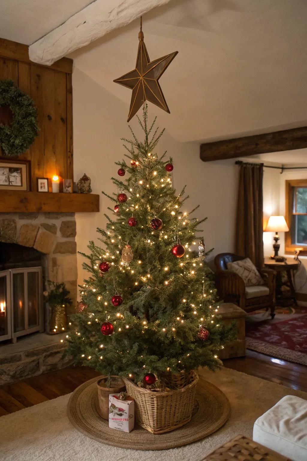 A rustic star ornament adds a cozy and homespun touch to the Christmas tree.