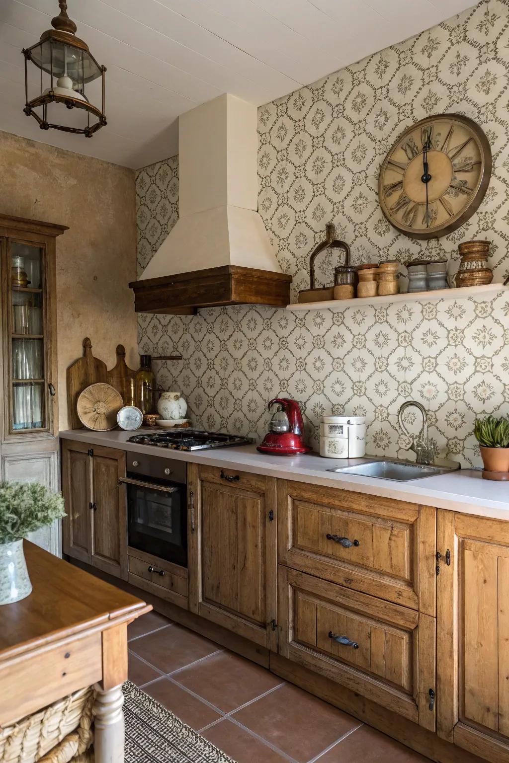 Antique tile wallpaper for a vintage kitchen atmosphere.