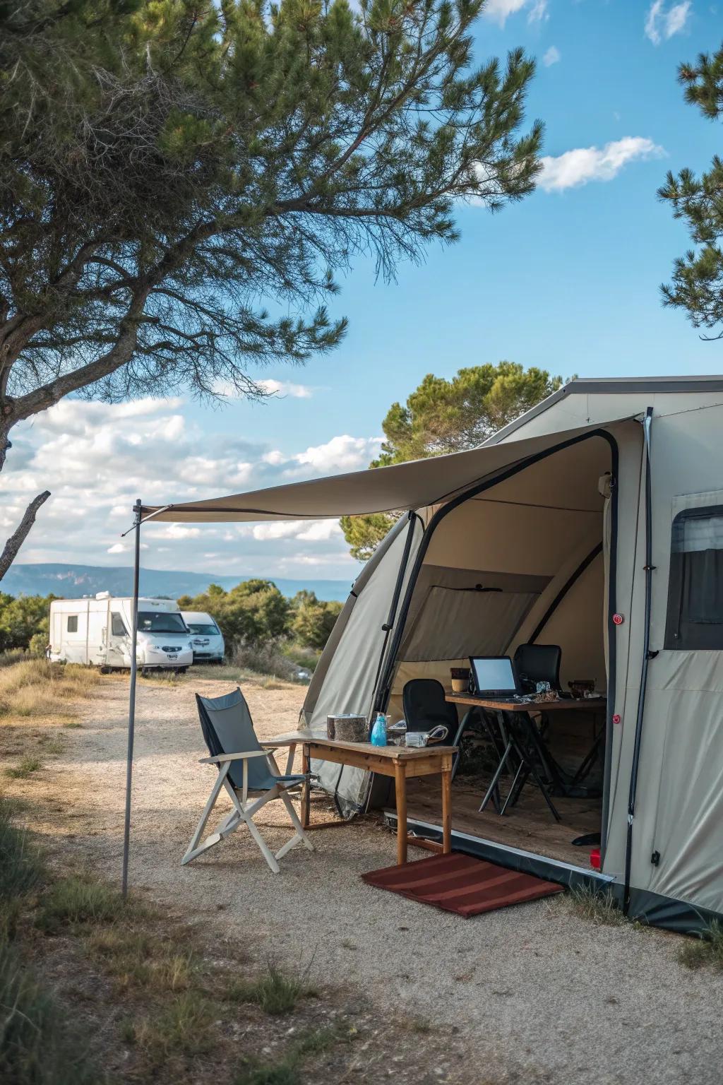 Enjoy the outdoors with a tent office setup.