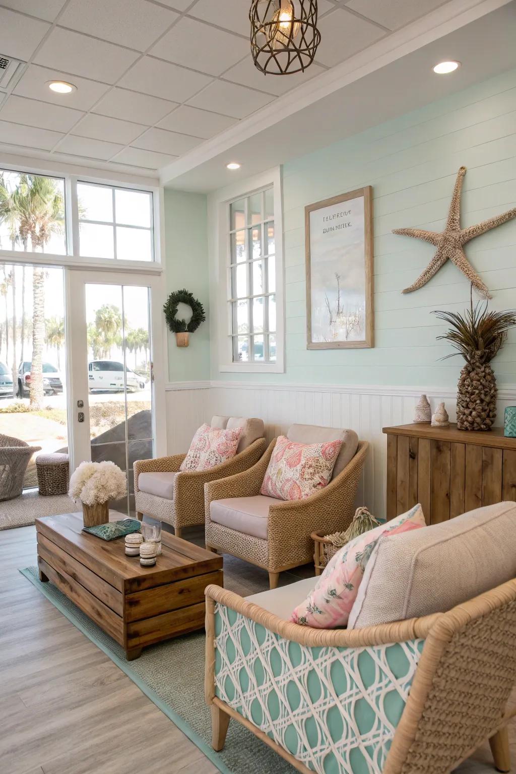 Coastal escape offers a beach-inspired salon waiting area.