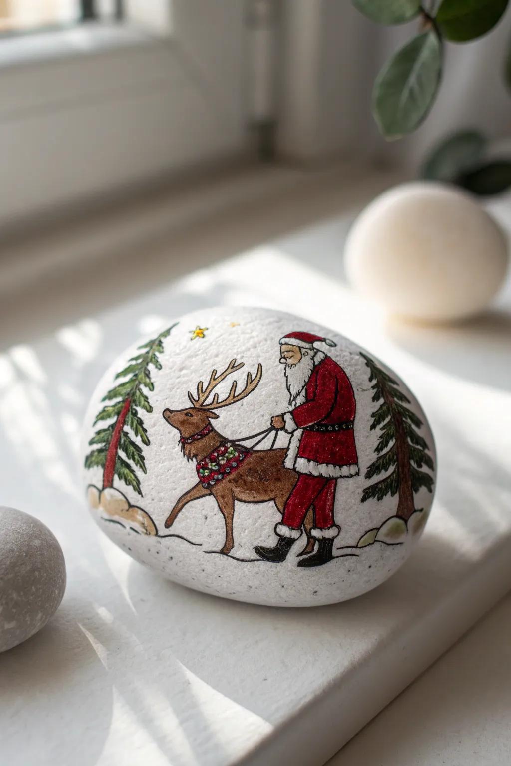 Spread holiday cheer with this charming Santa and Reindeer stone art!
