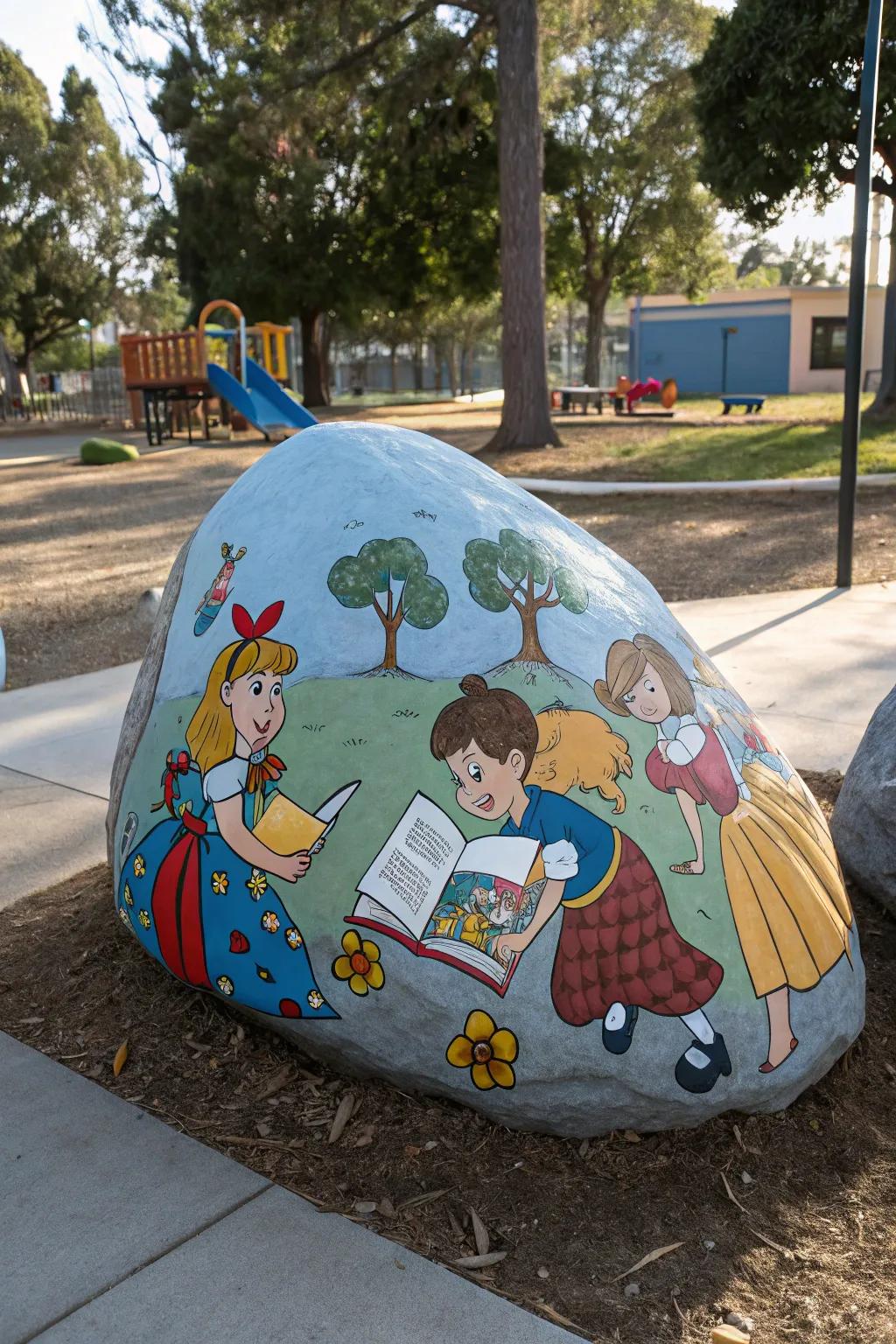 A whimsical rock painting featuring beloved storybook characters.