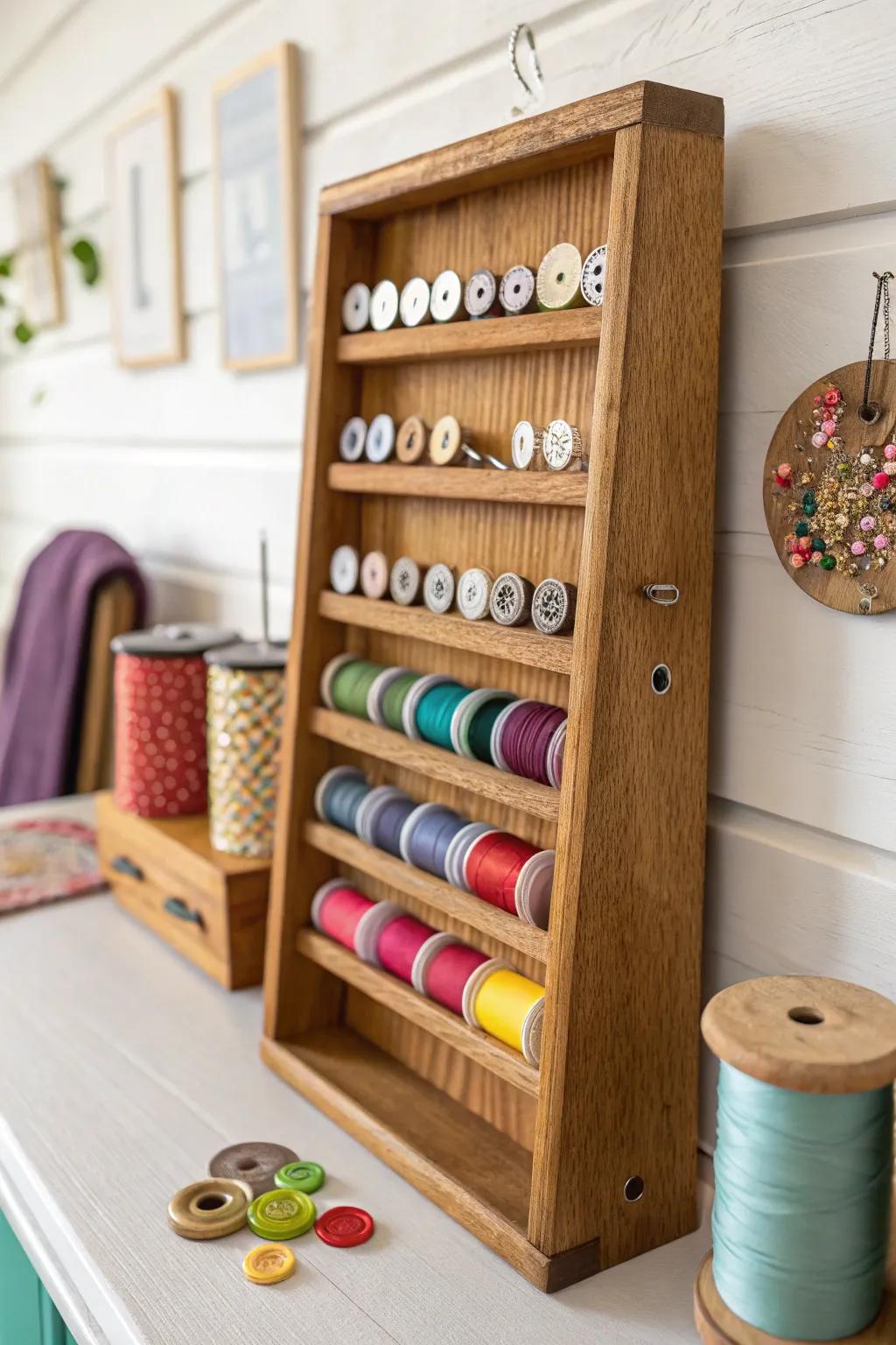 Transform your sewing space with this stylish DIY spice rack organizer for all your sewing essentials.