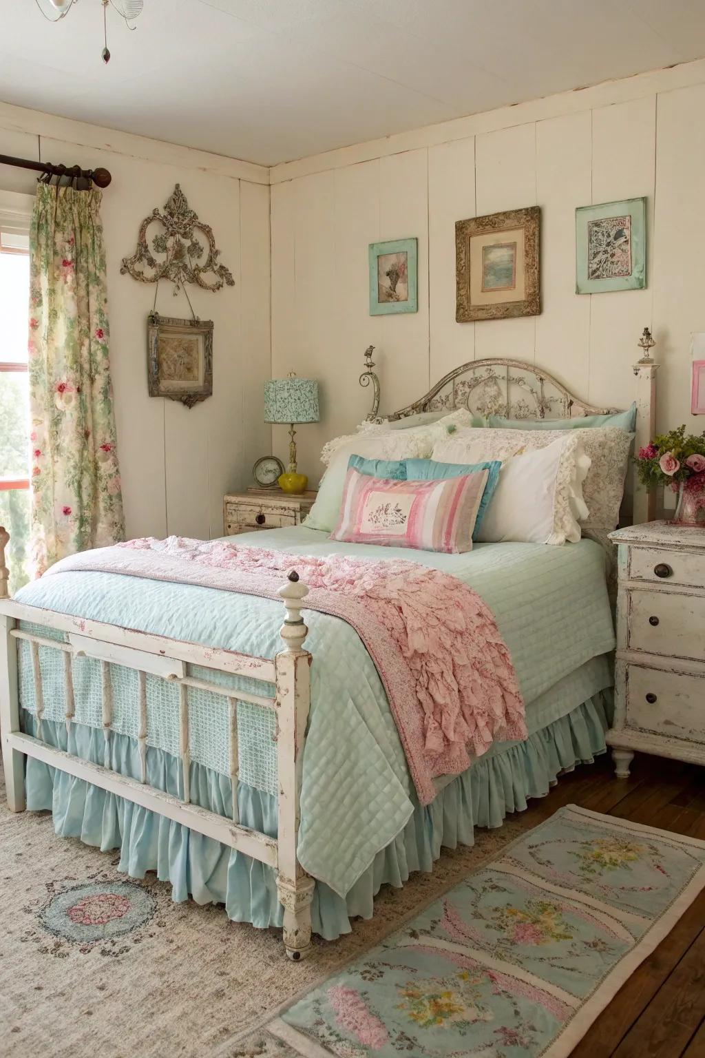 Layered bedding in soft pastels creates a dreamy shabby chic bedroom.