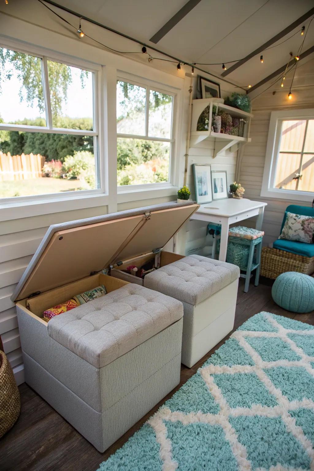 Multi-functional furniture maximizes space and utility in a she shed.