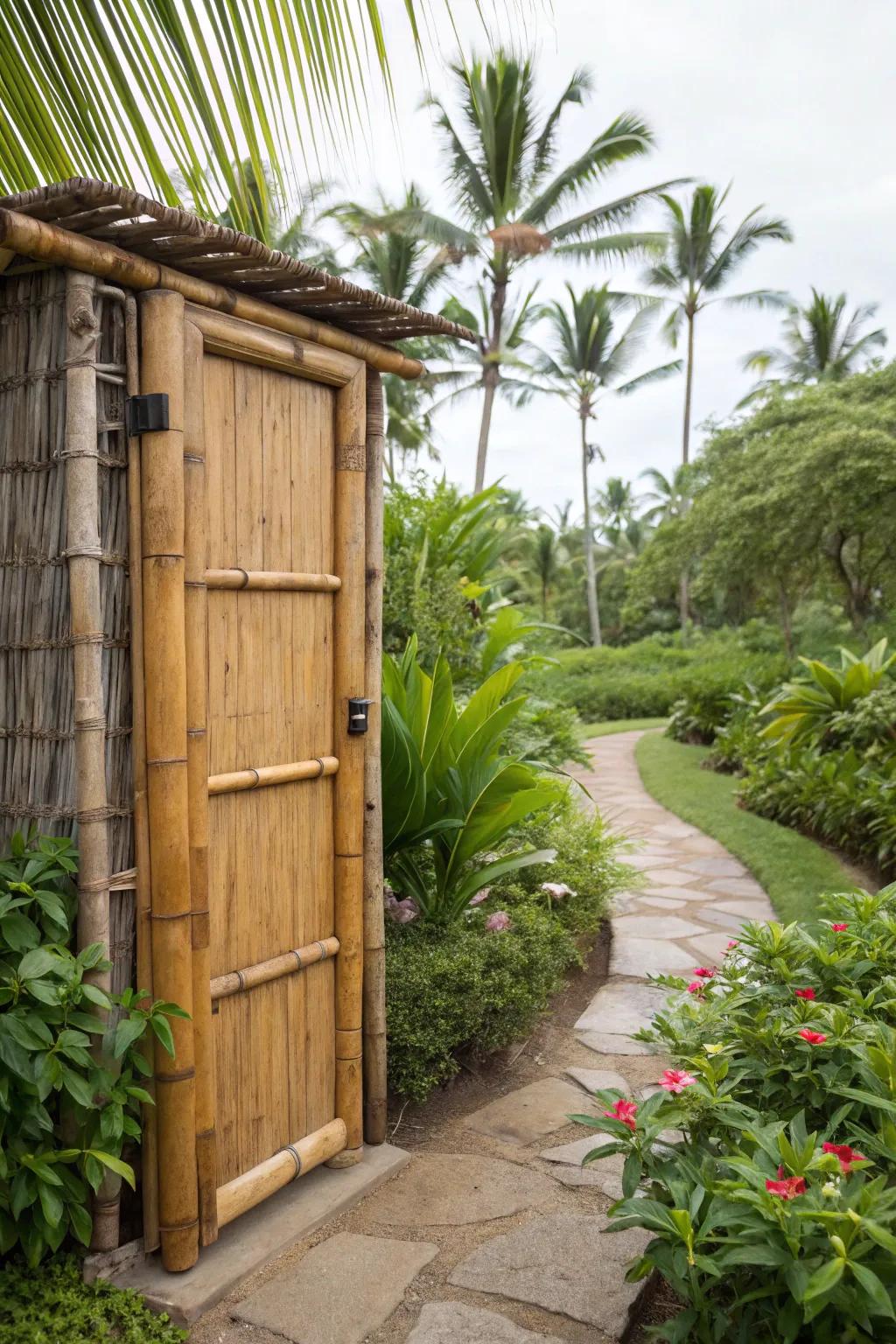 Natural bamboo trim brings an eco-friendly and tropical vibe to this shed door.