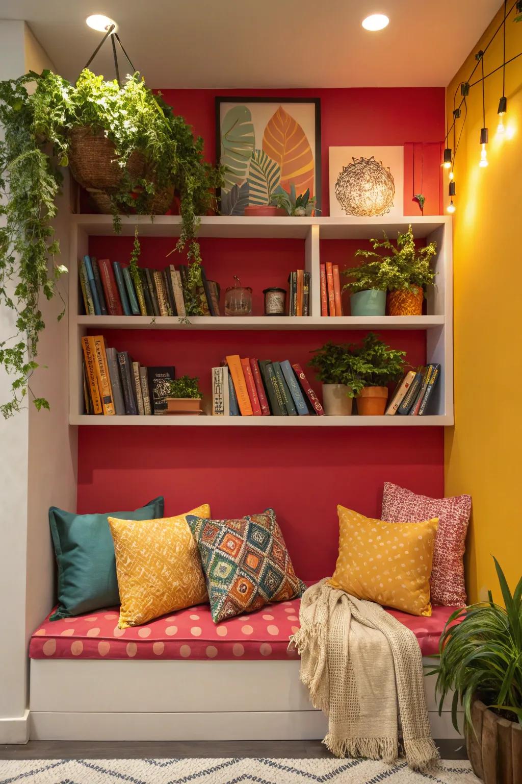 A bold color backdrop turns shelves into a focal point.