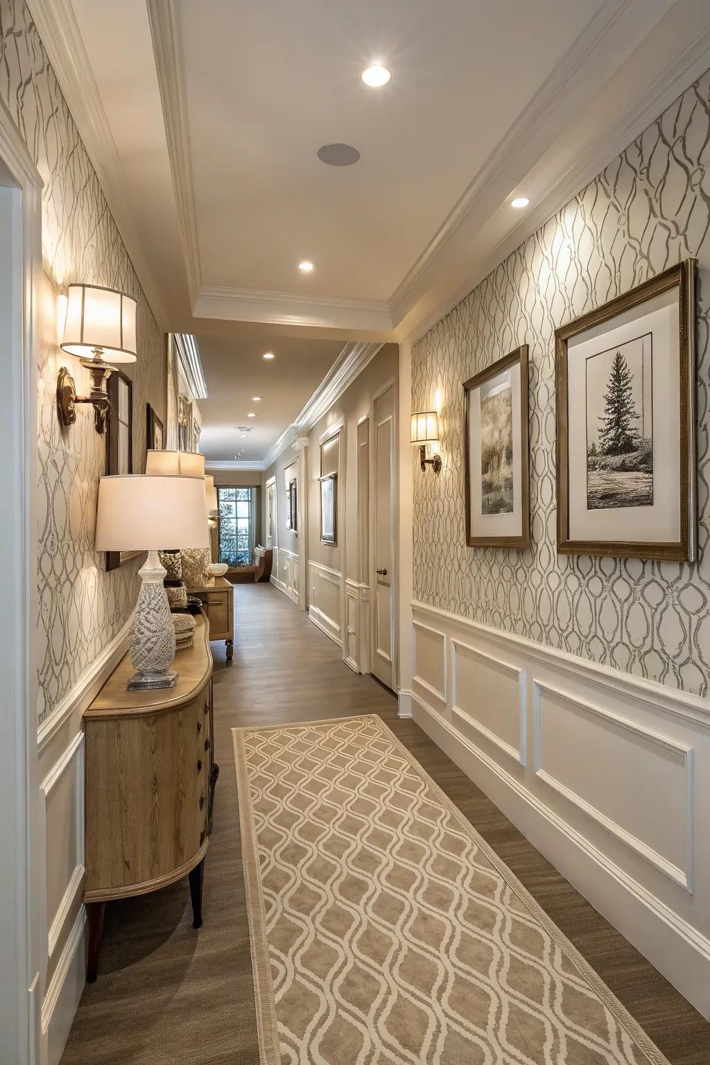 An elegant hallway enhanced by shiplap wainscoting.