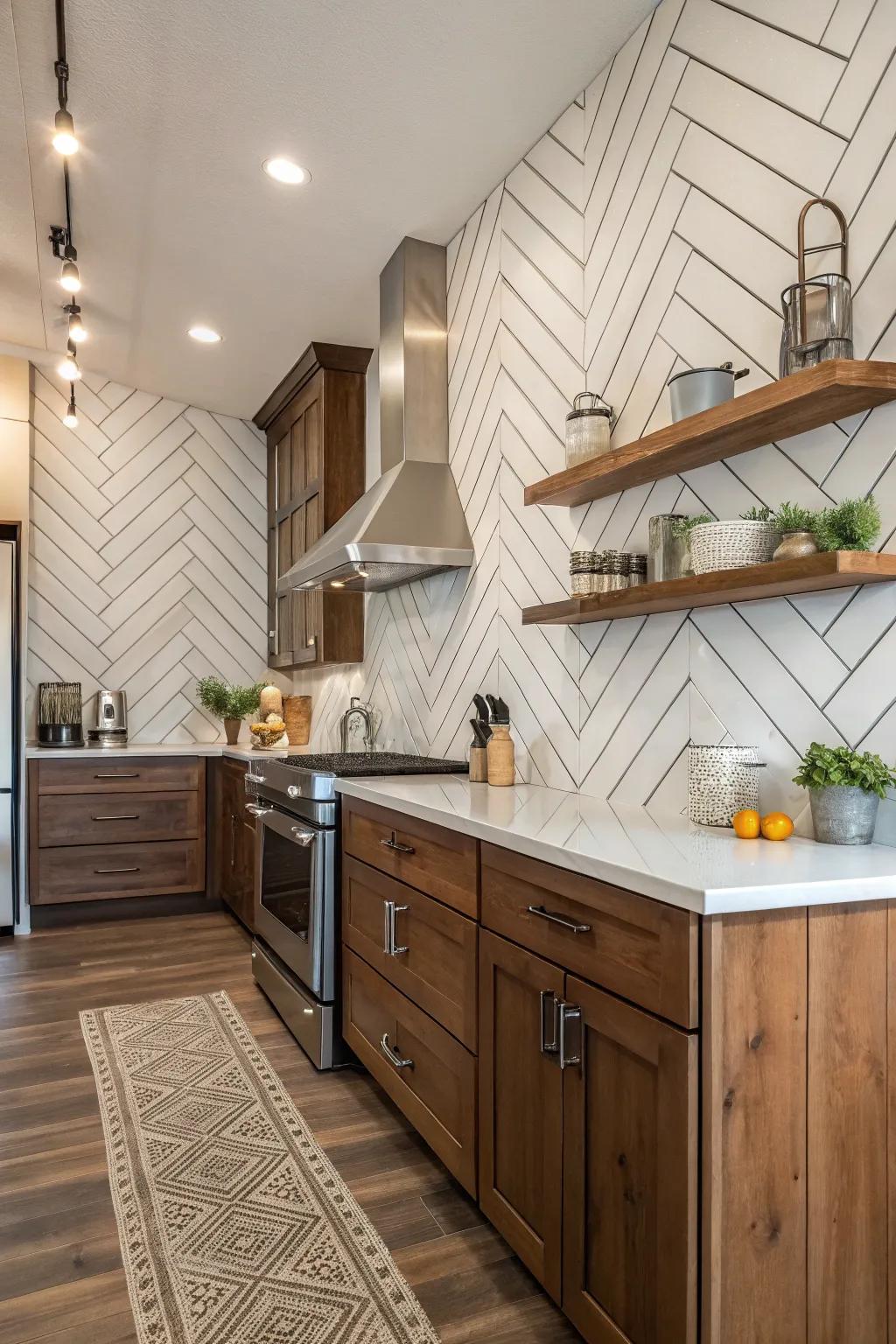 A kitchen featuring a diagonal shiplap wall.