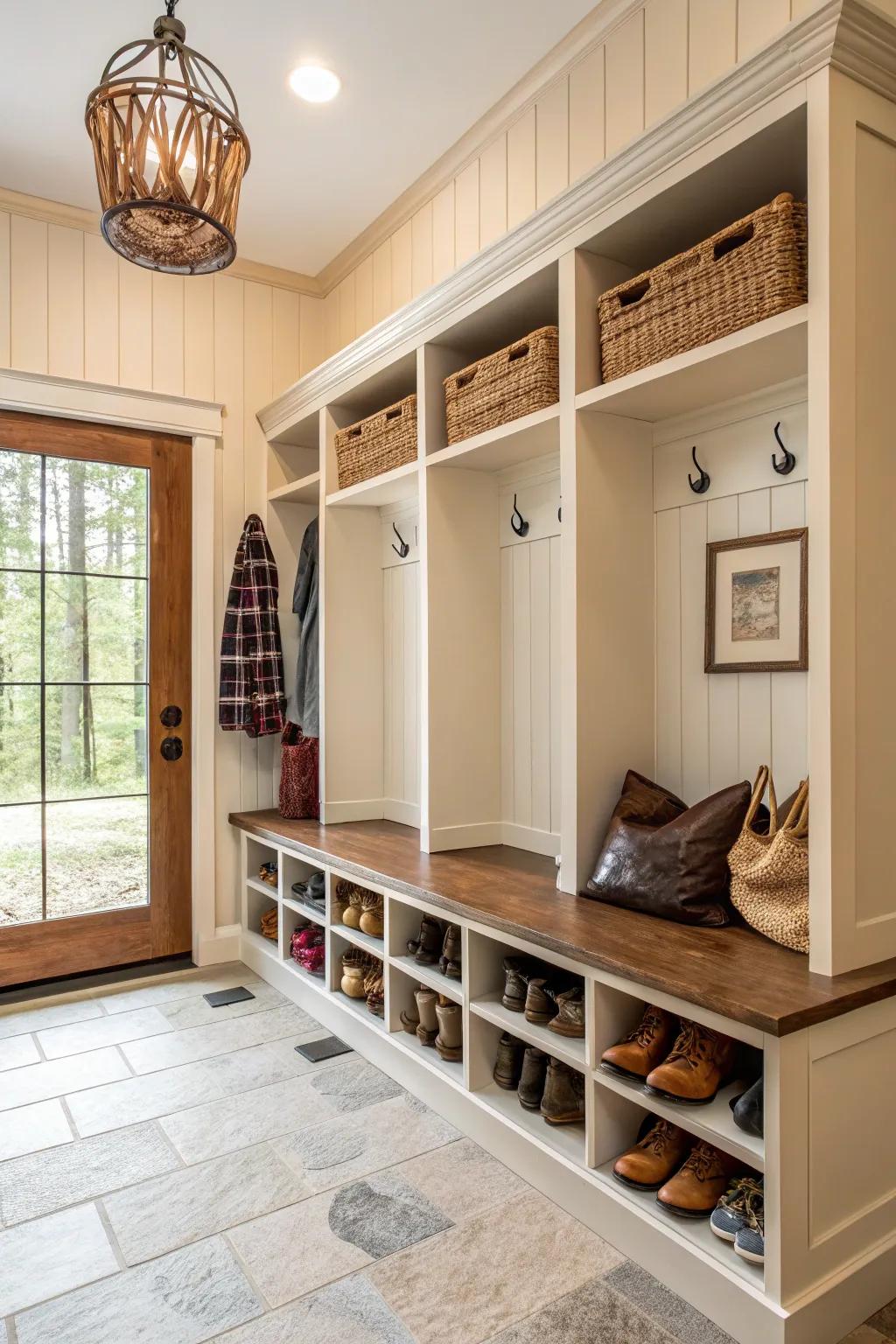 Built-ins in a mudroom offer practical and organized shoe storage.