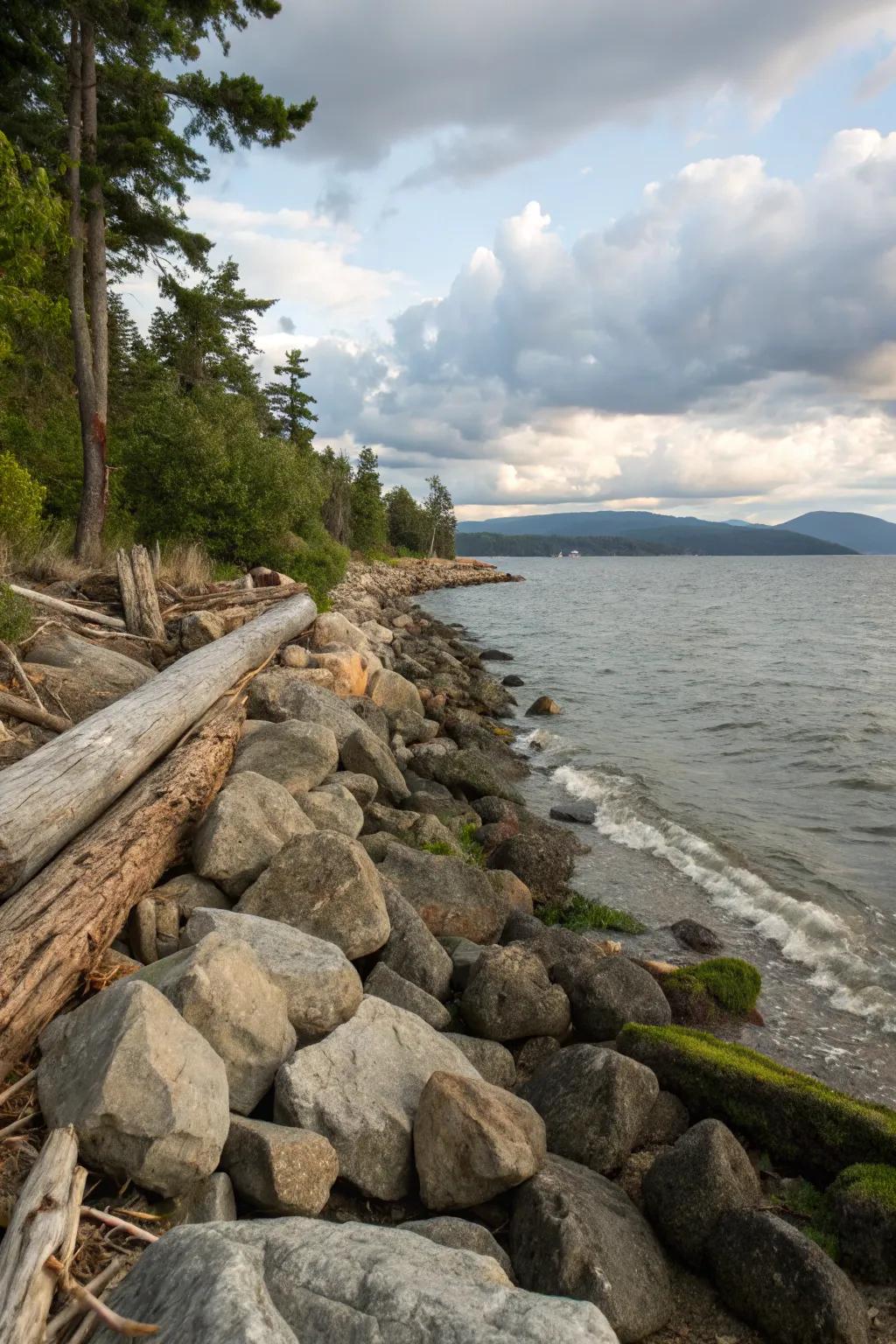 A naturalized bulkhead using boulders and logs for a harmonious shoreline.