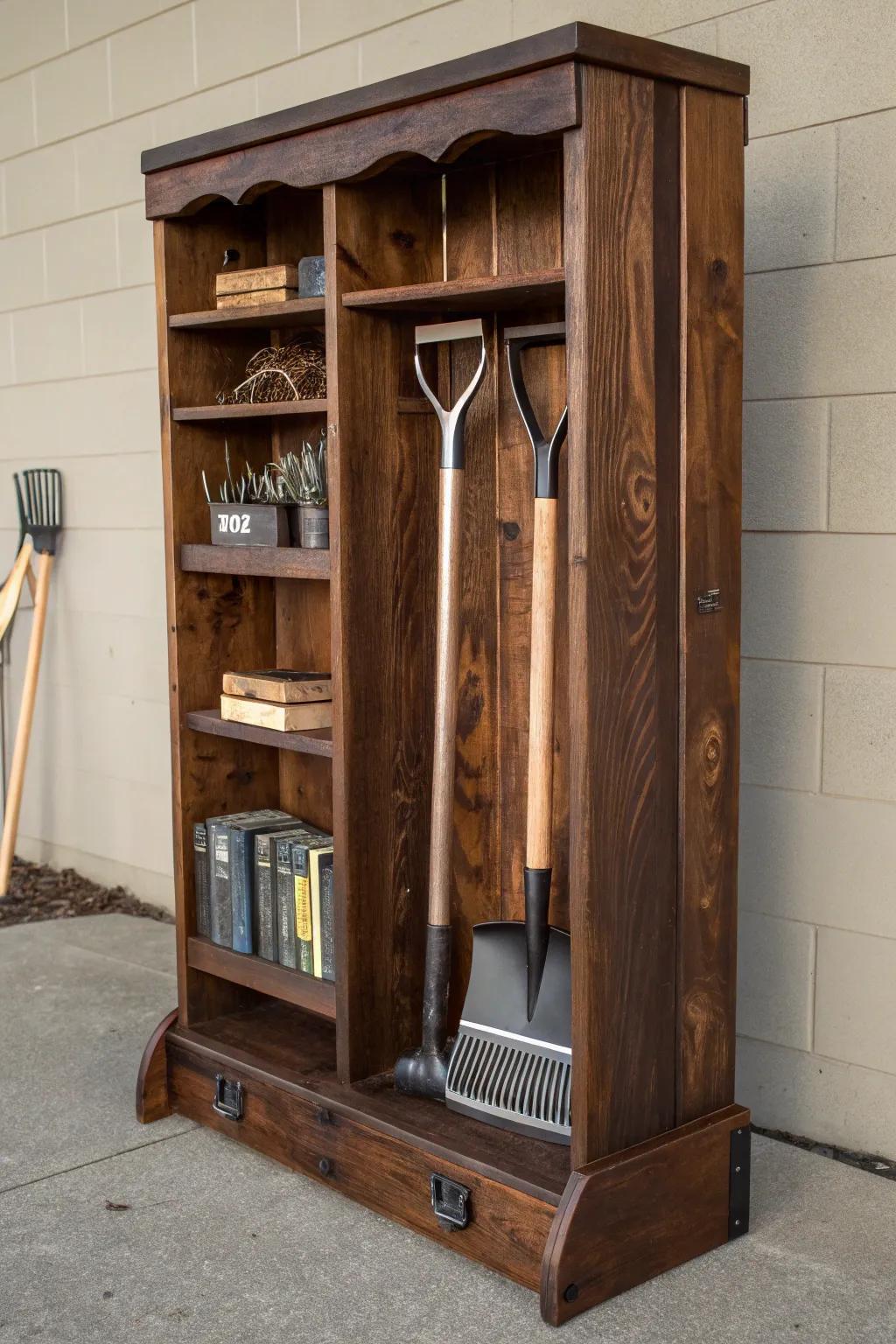 Transform your old bookshelf into a stylish tool rack that marries functionality with craftsmanship elegance.