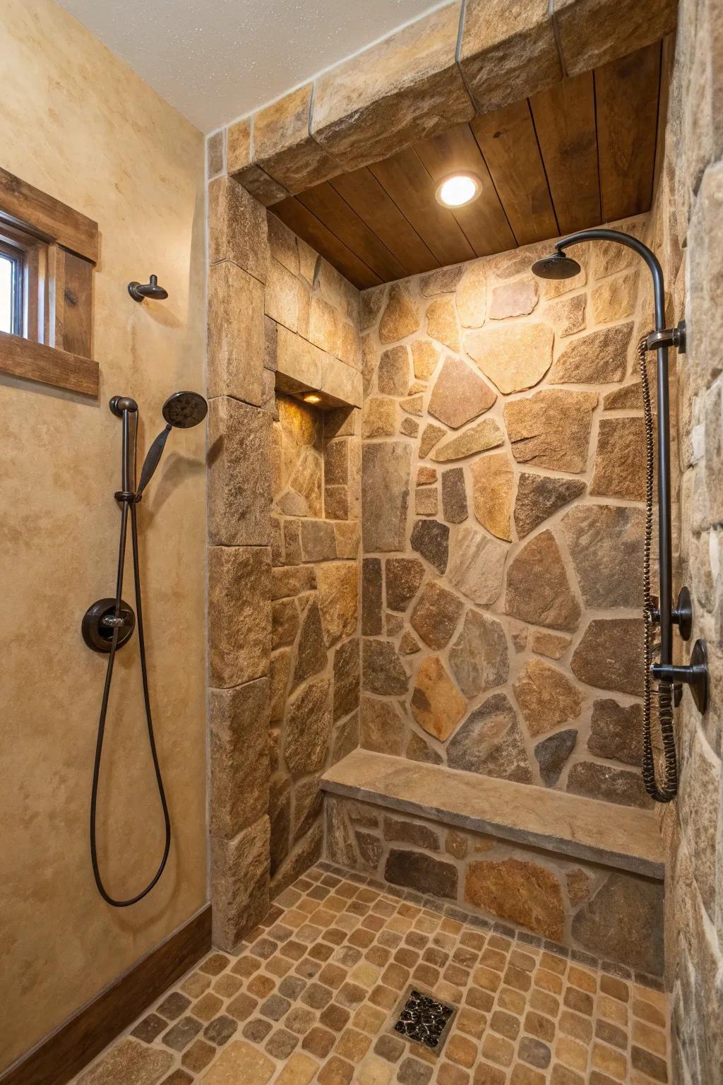 Natural stone niches add texture and rustic charm to showers.