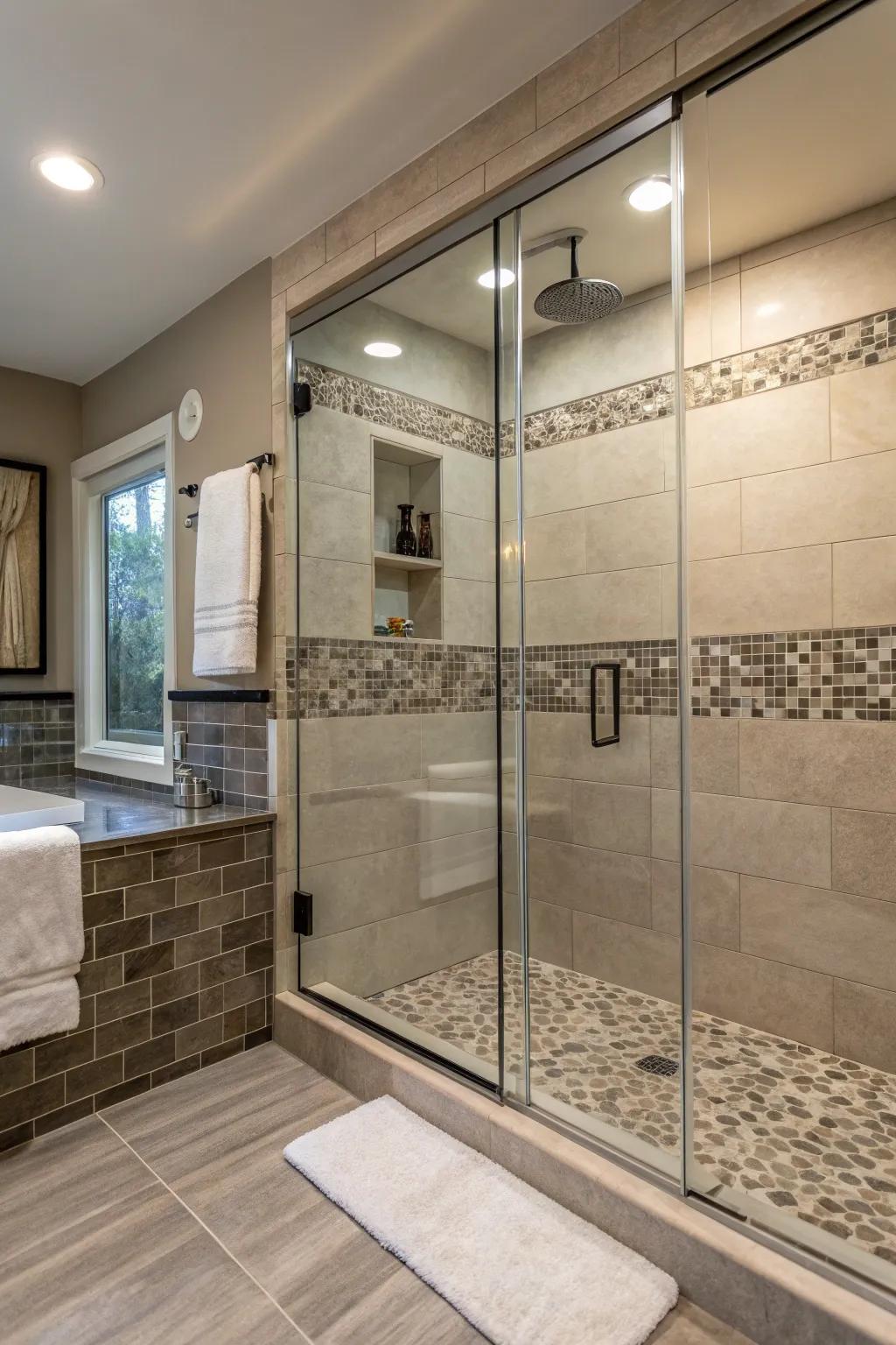 Mixing textures adds depth and tactile interest to shower borders.