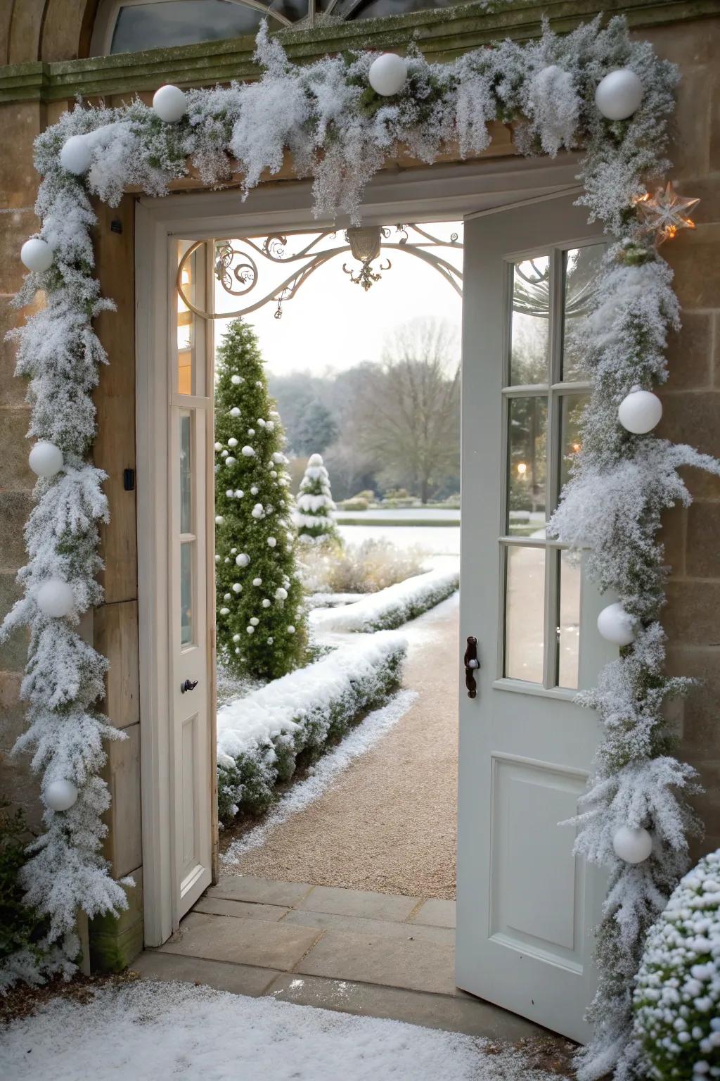 A magical winter wonderland entrance dusted with faux snow.