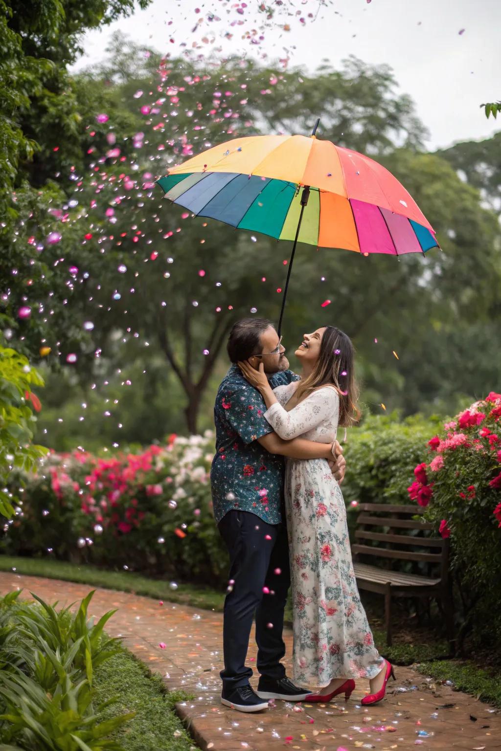 Confetti raining down from an umbrella for a gender reveal.