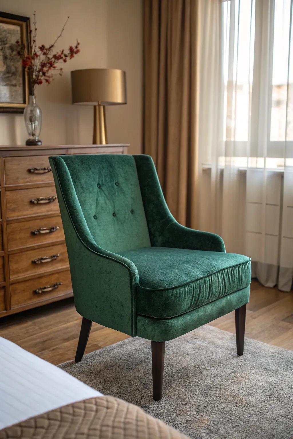 Deep green upholstery adds luxury and sophistication.