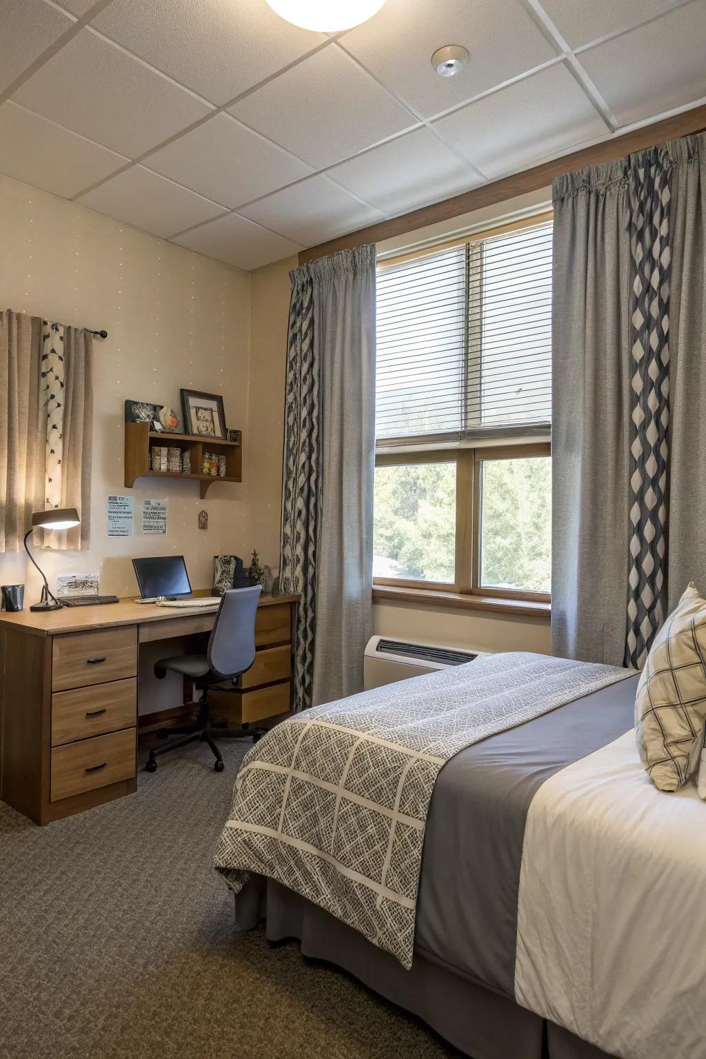 Versatile window treatments enhance privacy and style in a dorm room.