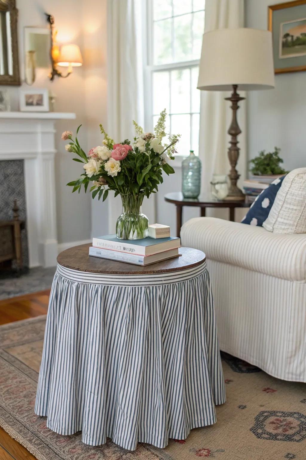 A side table with a striped skirt, offering timeless style in a versatile living room.