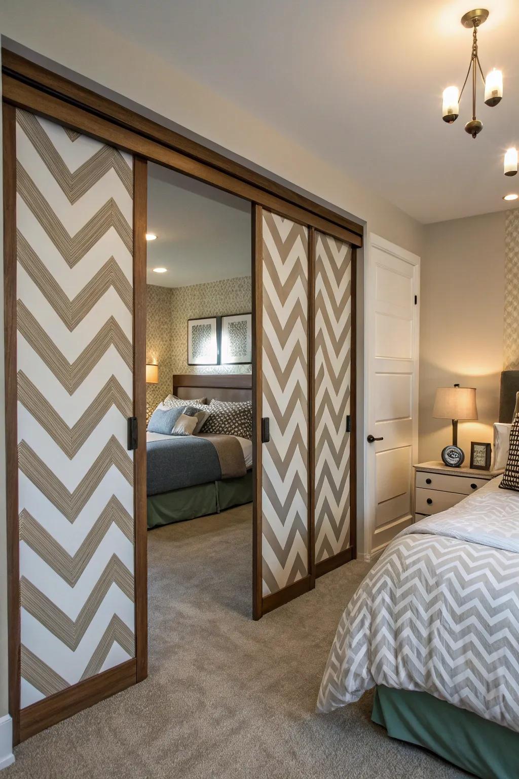 Chevron patterns add dynamic interest to sliding doors.