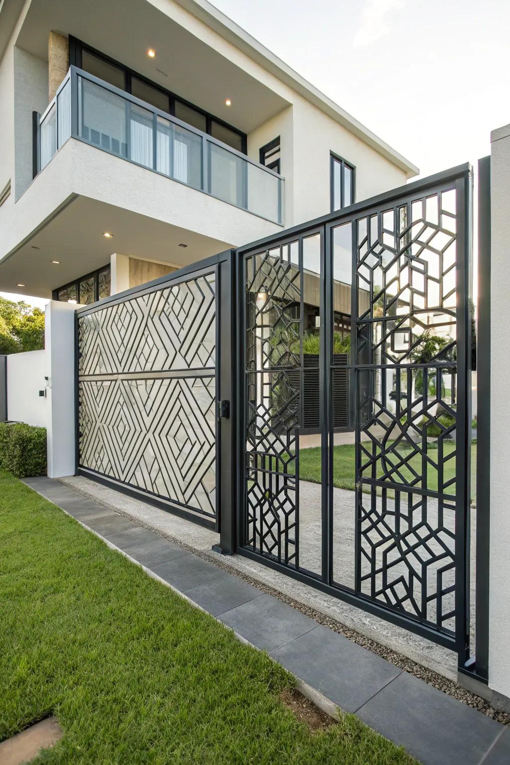 Geometric patterns add a contemporary edge to this sliding gate.